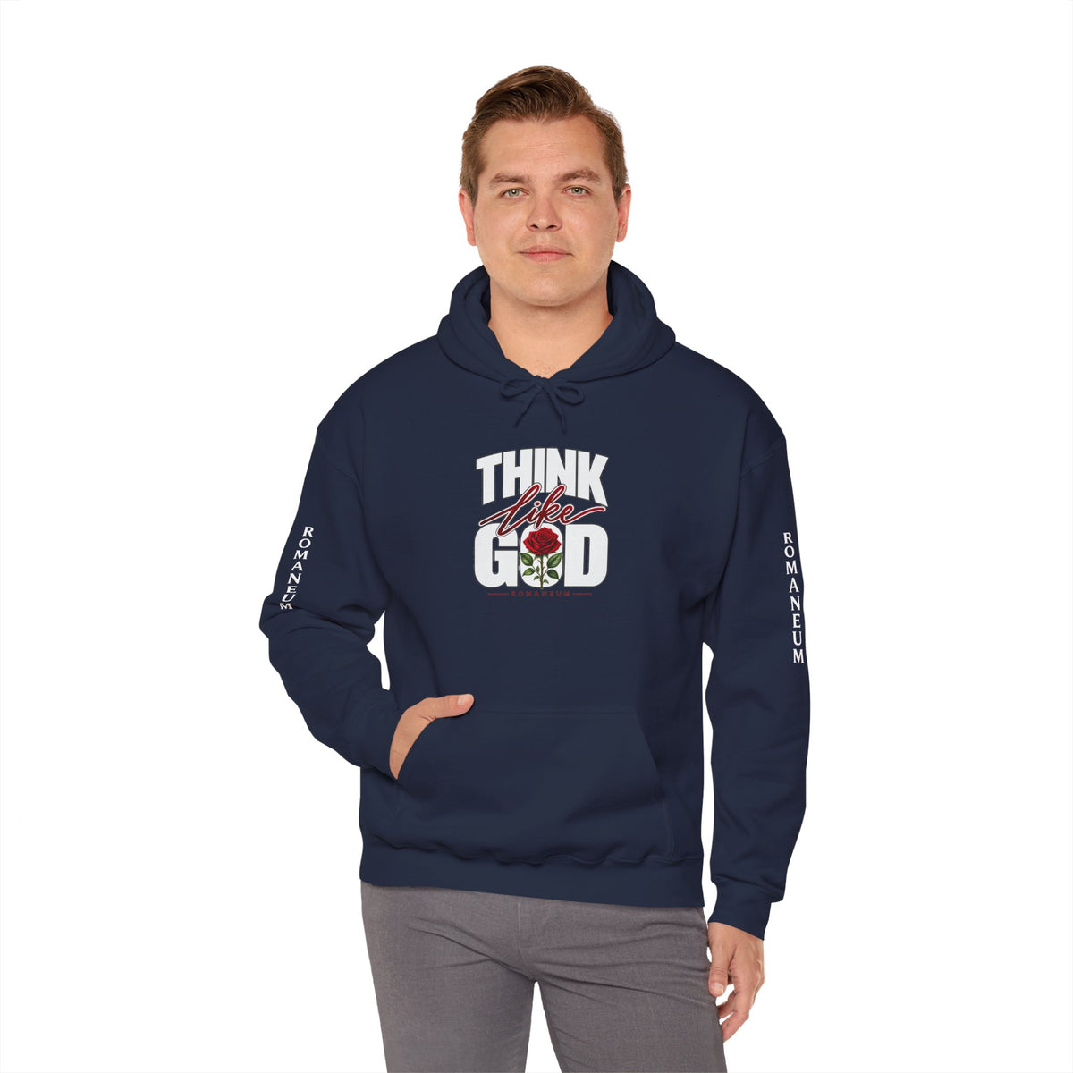 Think Like God Hoodie — Graphic with Romaneum Sleeve Print