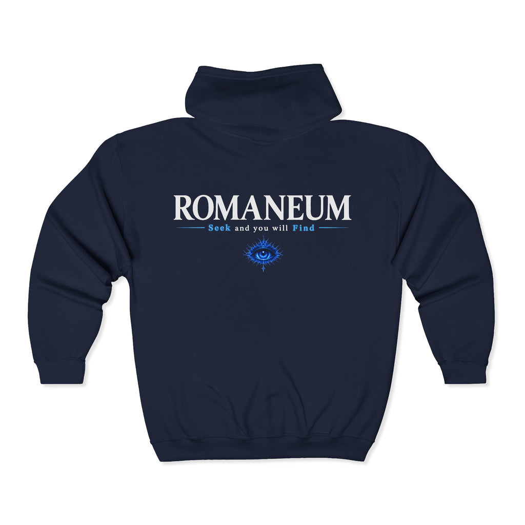 Romaneum Zip Hoodie — "Seek and you will Find" Gothic Logo
