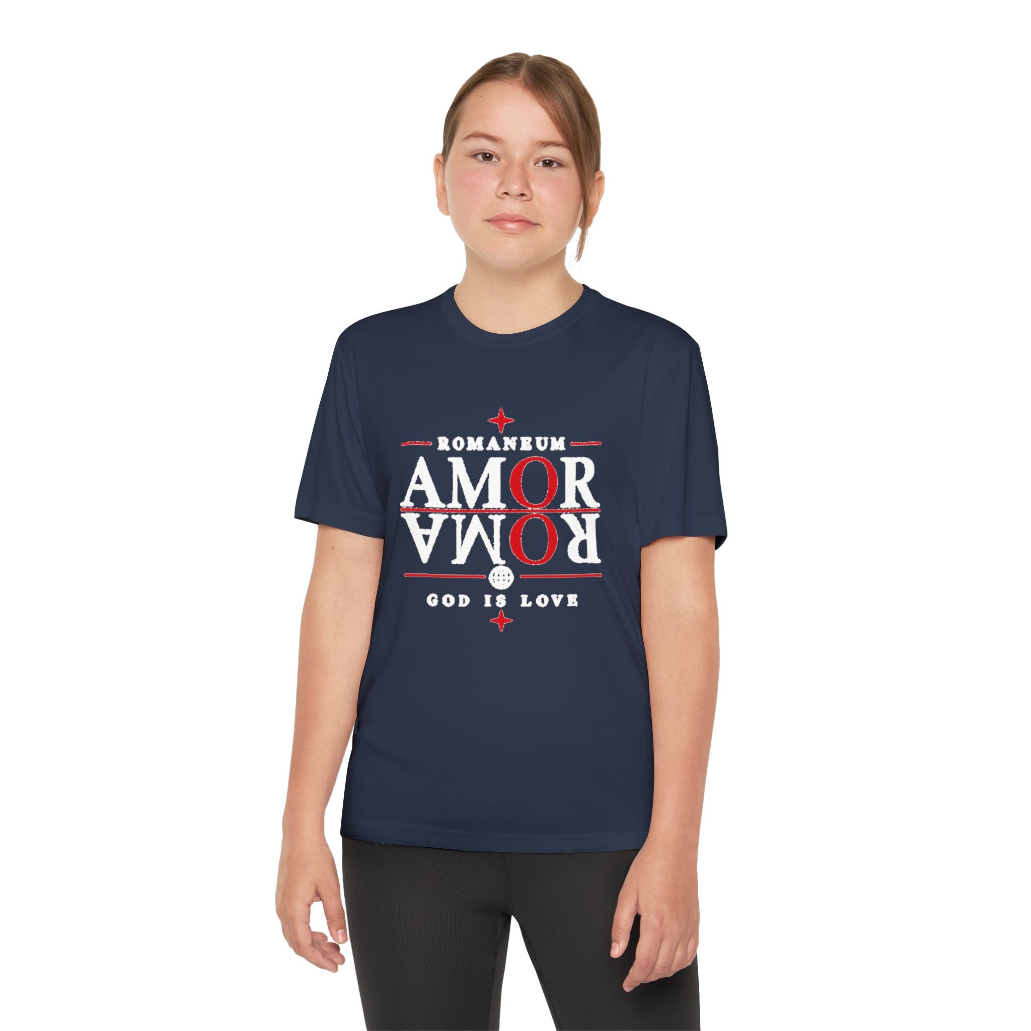 Youth Tee — ROMANEUM “AMOR/ROMA” Graphic Christian Shirt (God is Love)