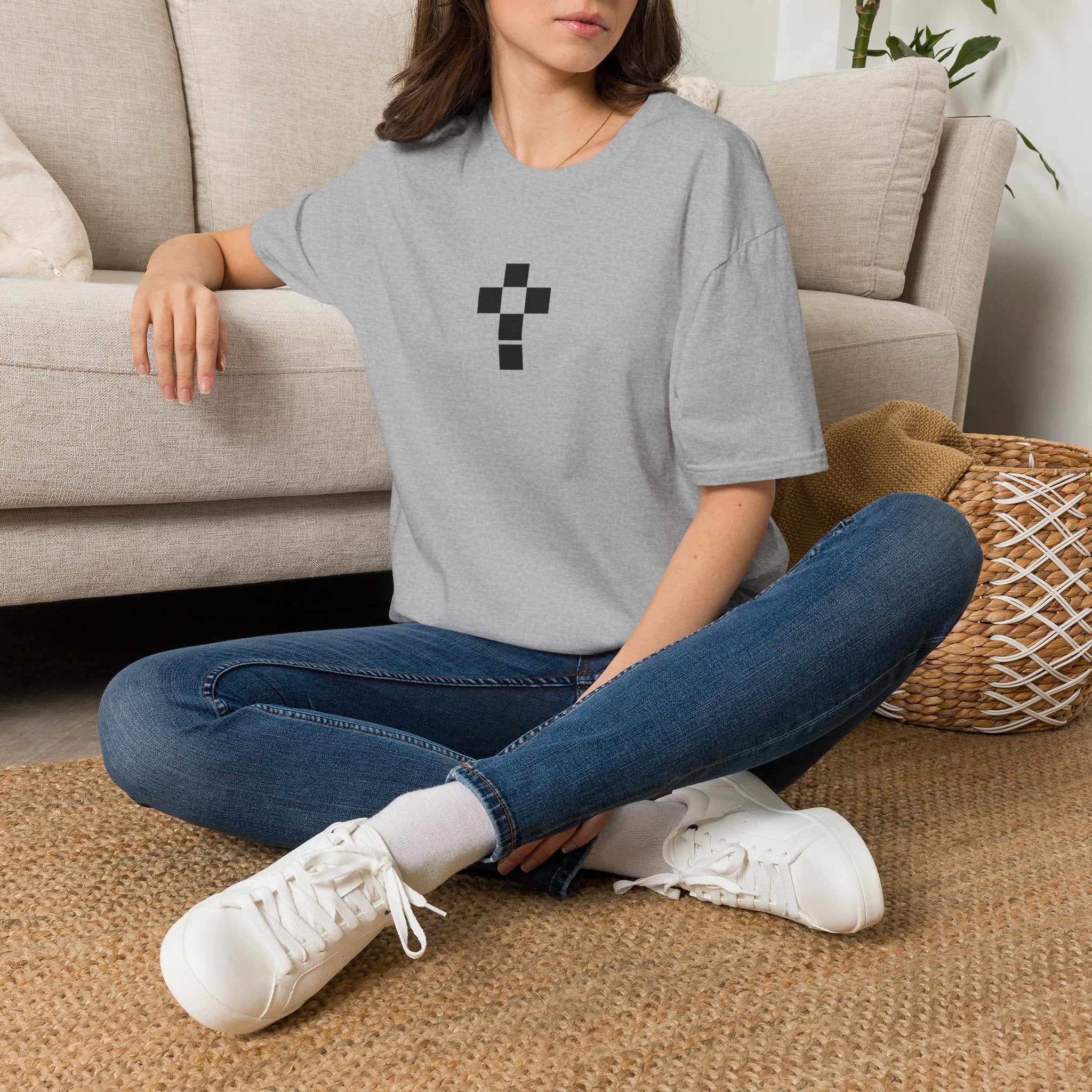 Romaneum Minimal Pixel Cross T-Shirt | Small Geometric Church Symbol