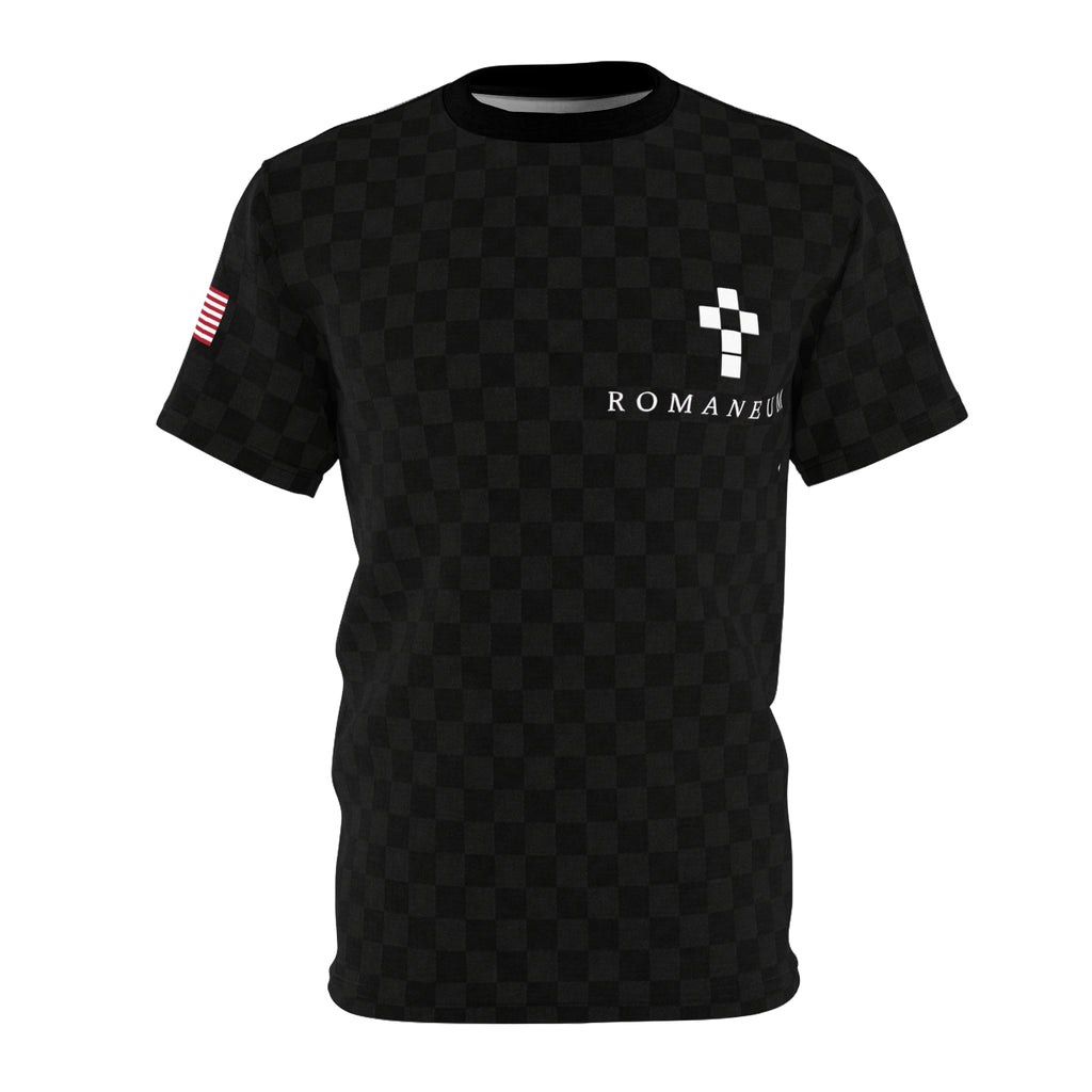 Black Checkered 'ROMANEUM' Logo Tee — All-Over Print Cut & Sew Shirt