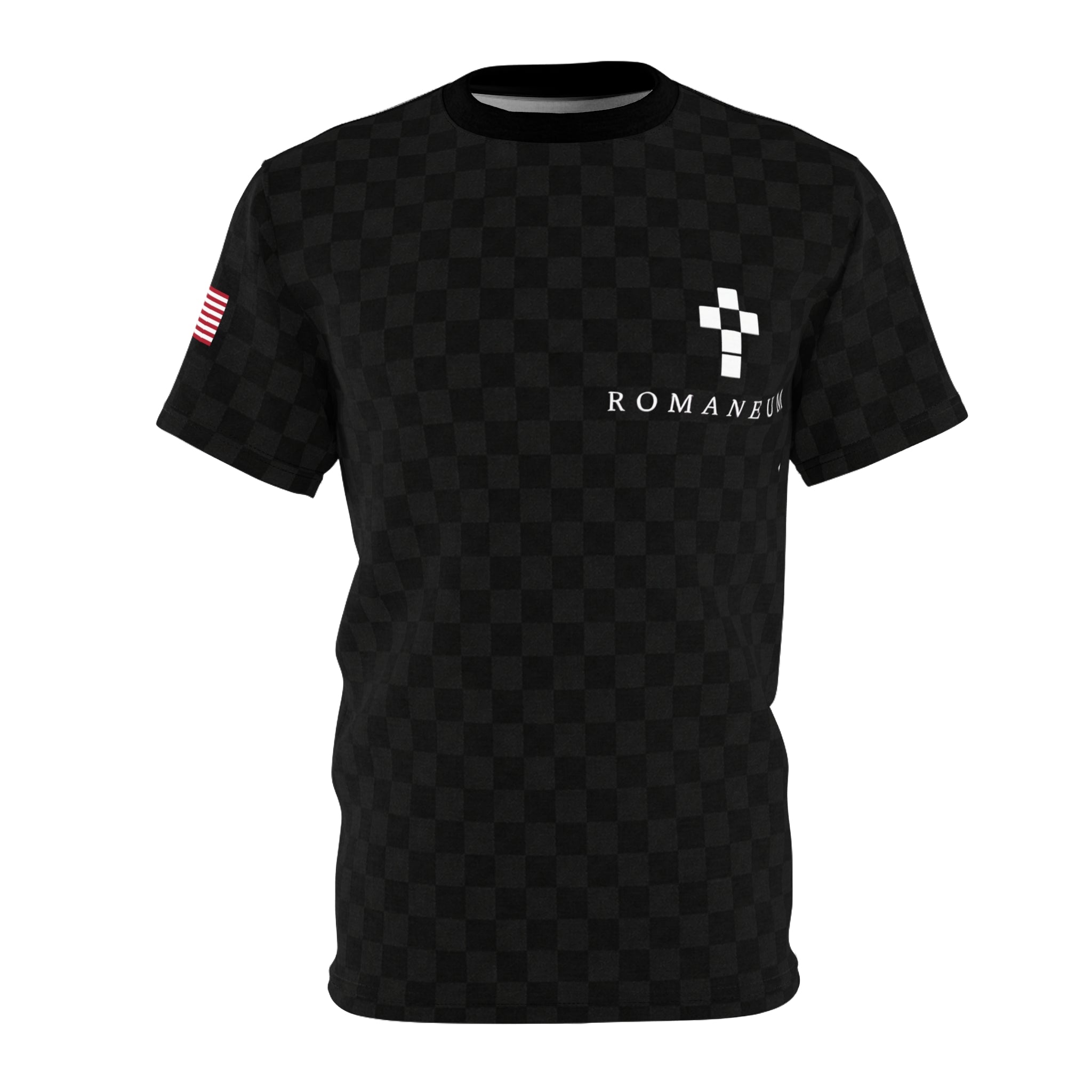 Black Checkered 'ROMANEUM' Logo Tee — All-Over Print Cut & Sew Shirt