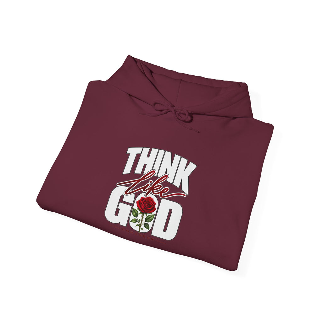 Think Like God Hoodie — Graphic Religious Pullover with Romaneum Sleeve Print