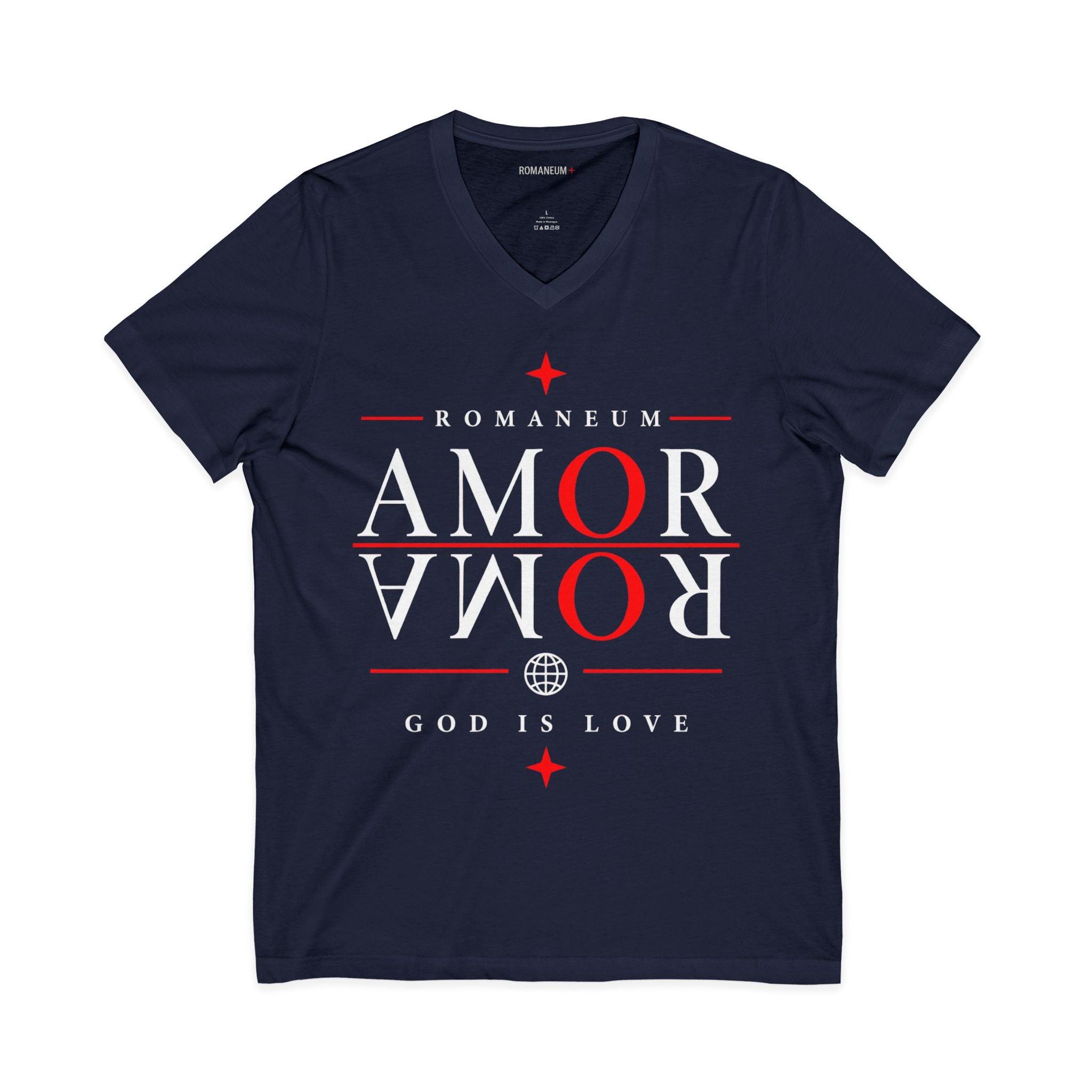 Romaneum "Amor/Roma" V-Neck Tee — God Is Love Christian Graphic Shirt