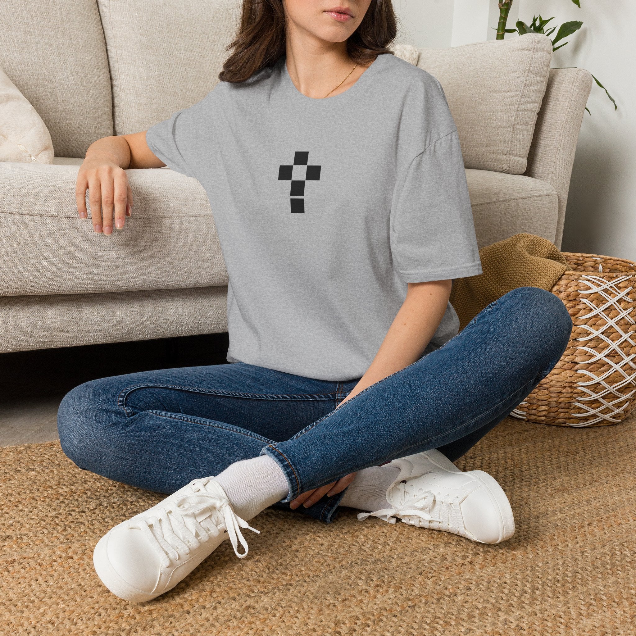 Romaneum Minimal Pixel Cross T-Shirt | Small Black Geometric Cross