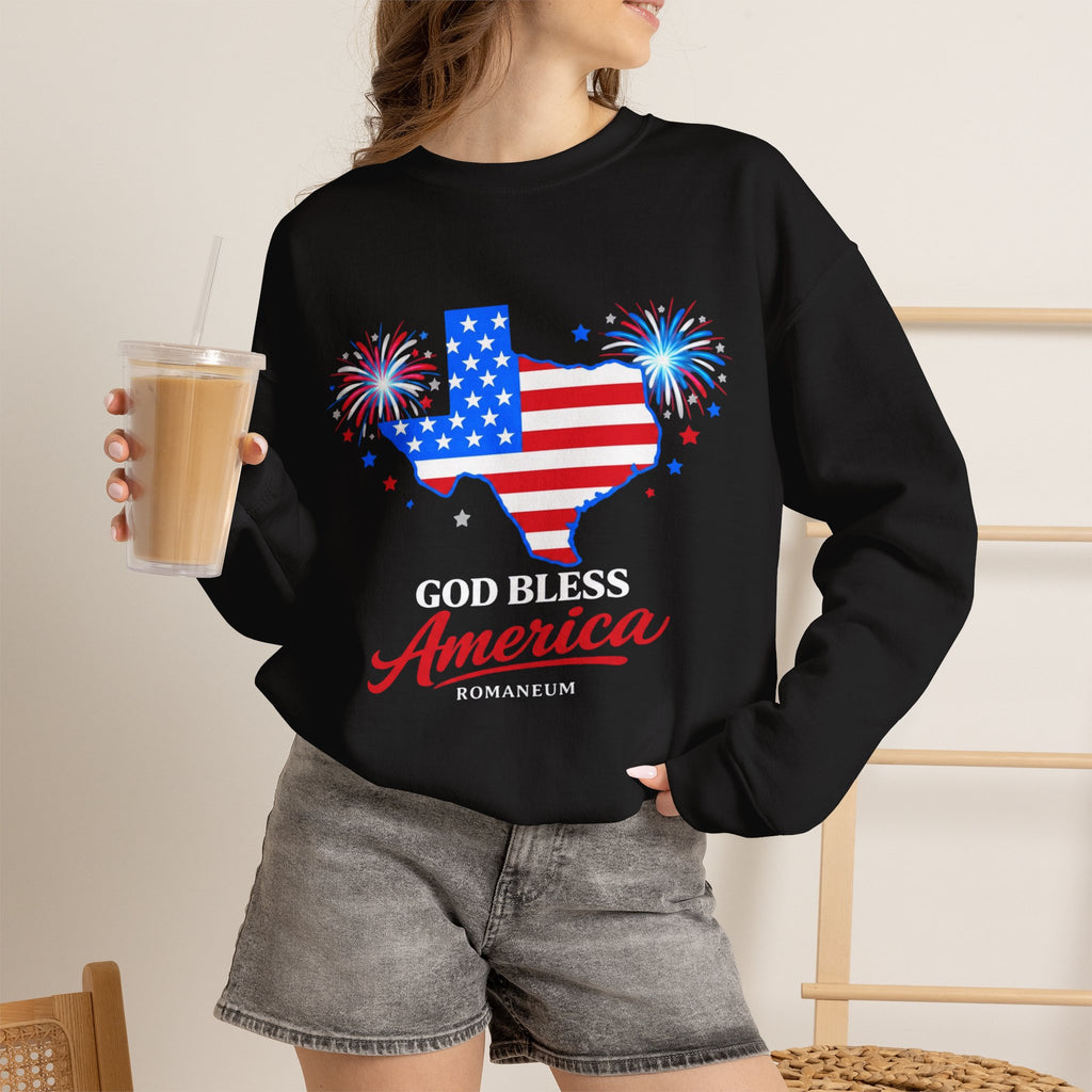 Romaneum God Bless America Flag Heart sweatshirt | Patriotic 4th of July crewneck