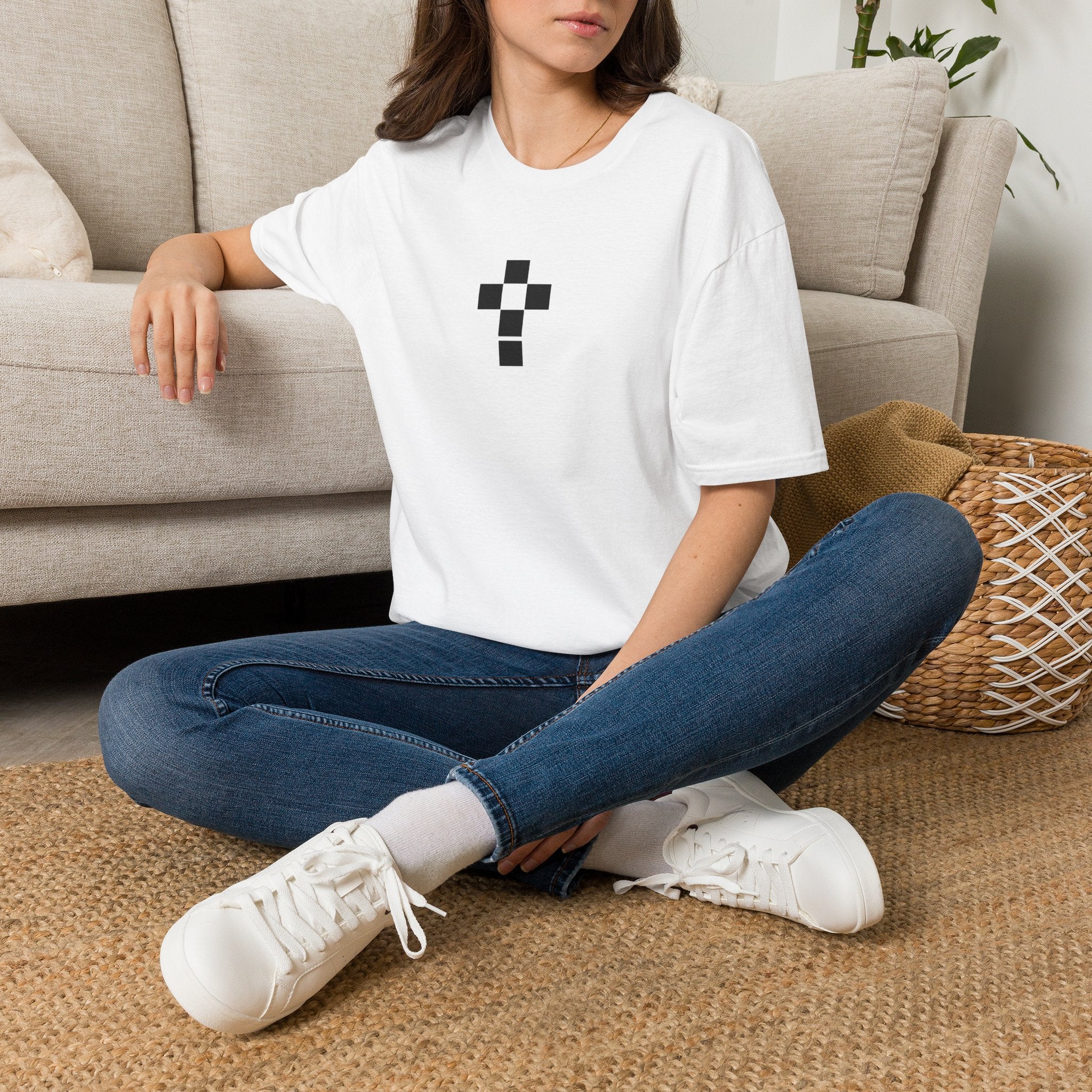 Romaneum Minimal Pixel Cross T-Shirt | Small Black Geometric Cross