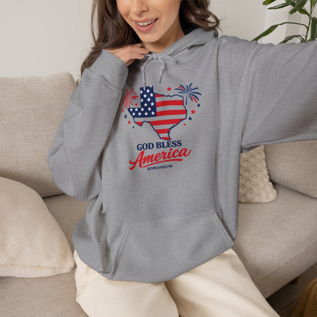 Romaneum God Bless America flag map Hoodie | American flag fireworks sleeve