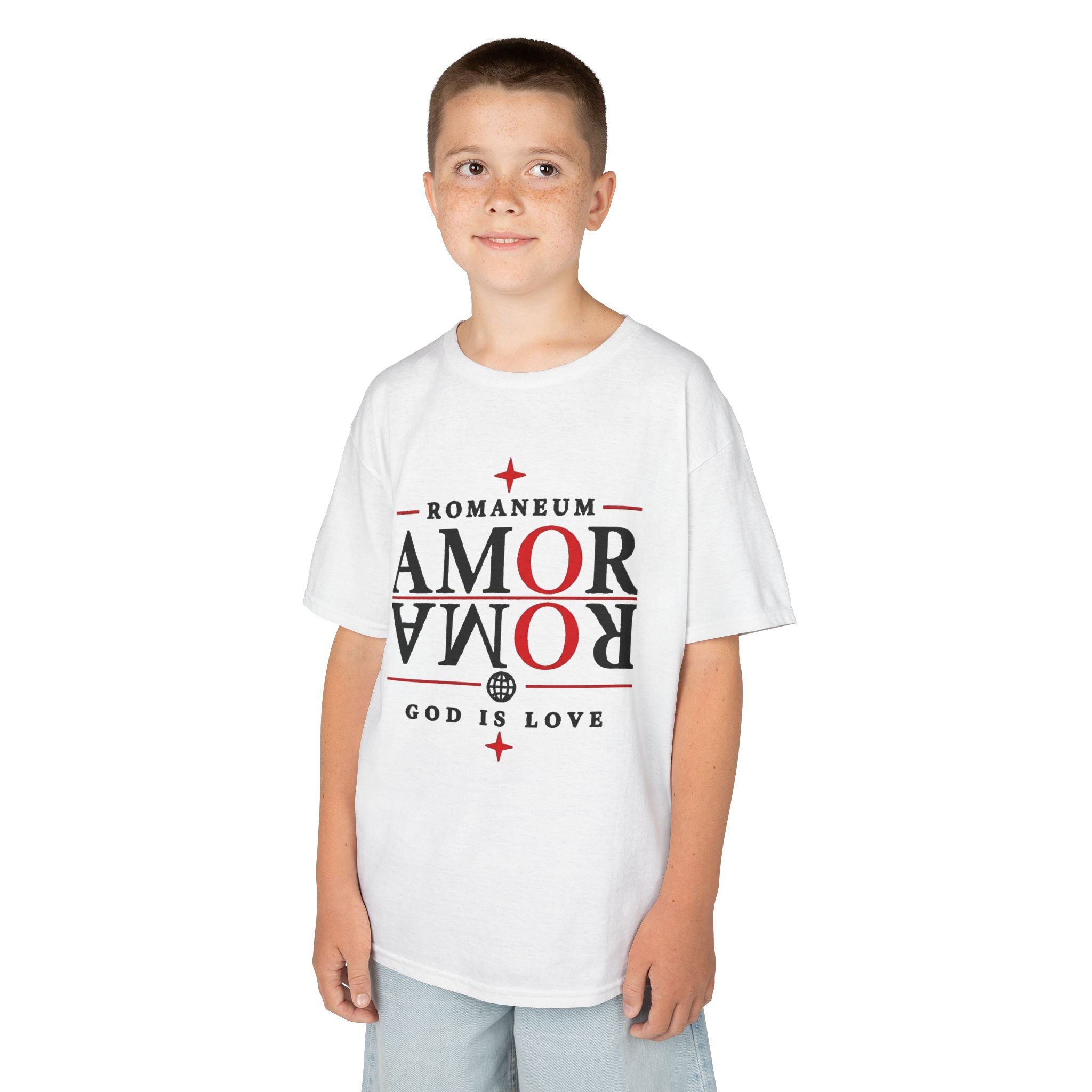 Kids Tee — "Amor Roma / God is Love" Religious Graphic Shirt