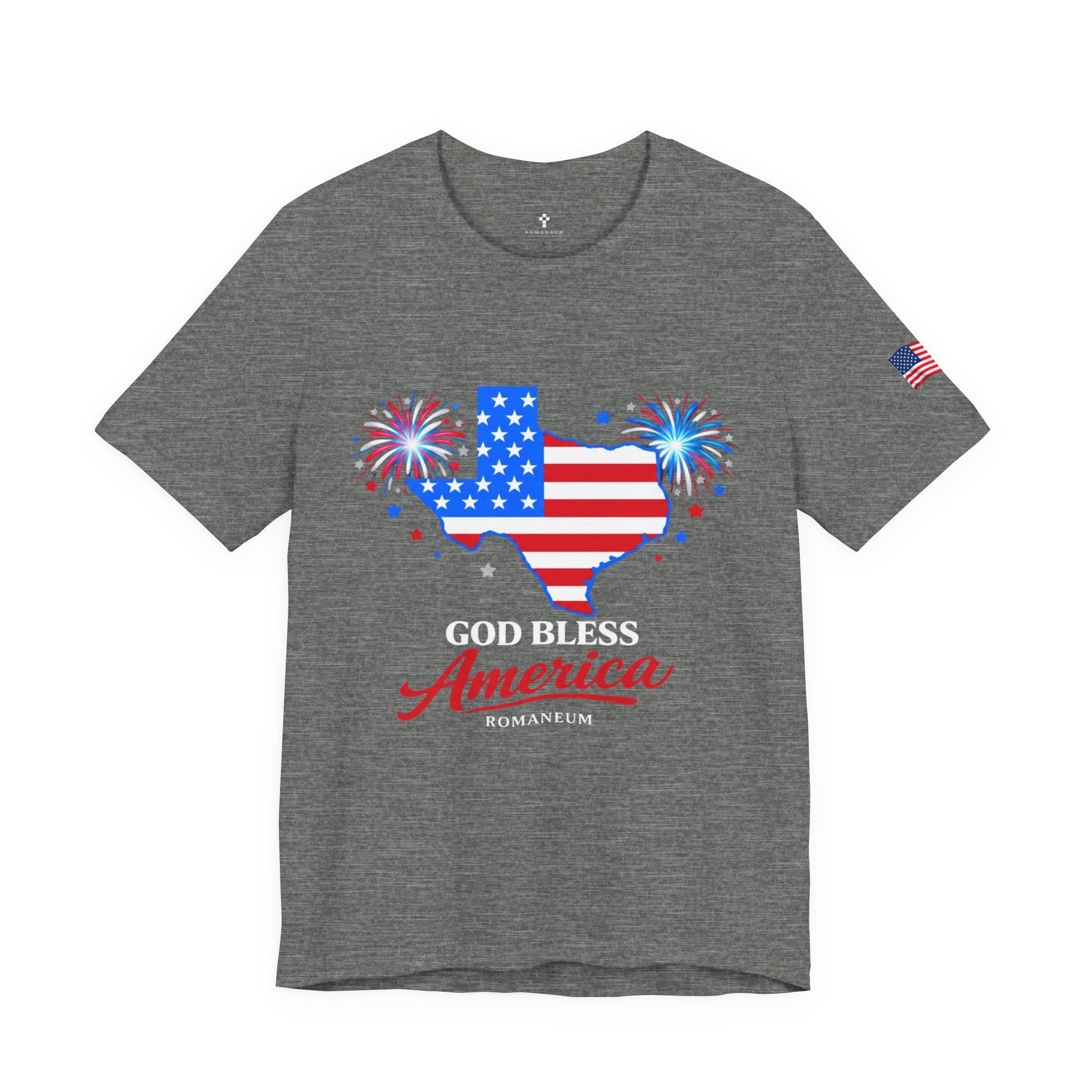 Romaneum God Bless America map tee | American flag outline, fireworks, patriotic shirt