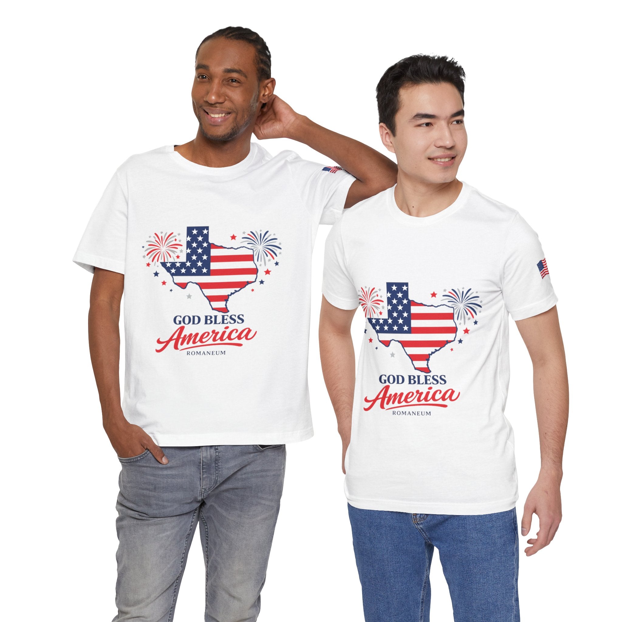 Romaneum God Bless America map tee | American flag outline, fireworks, patriotic shirt