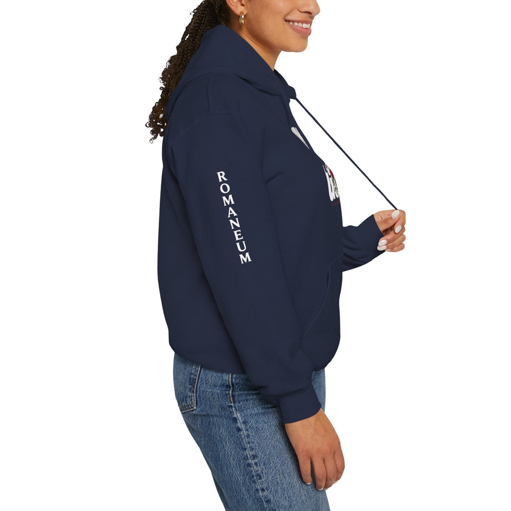 Think Like God Hoodie — Graphic Religious Pullover with Romaneum Sleeve Print