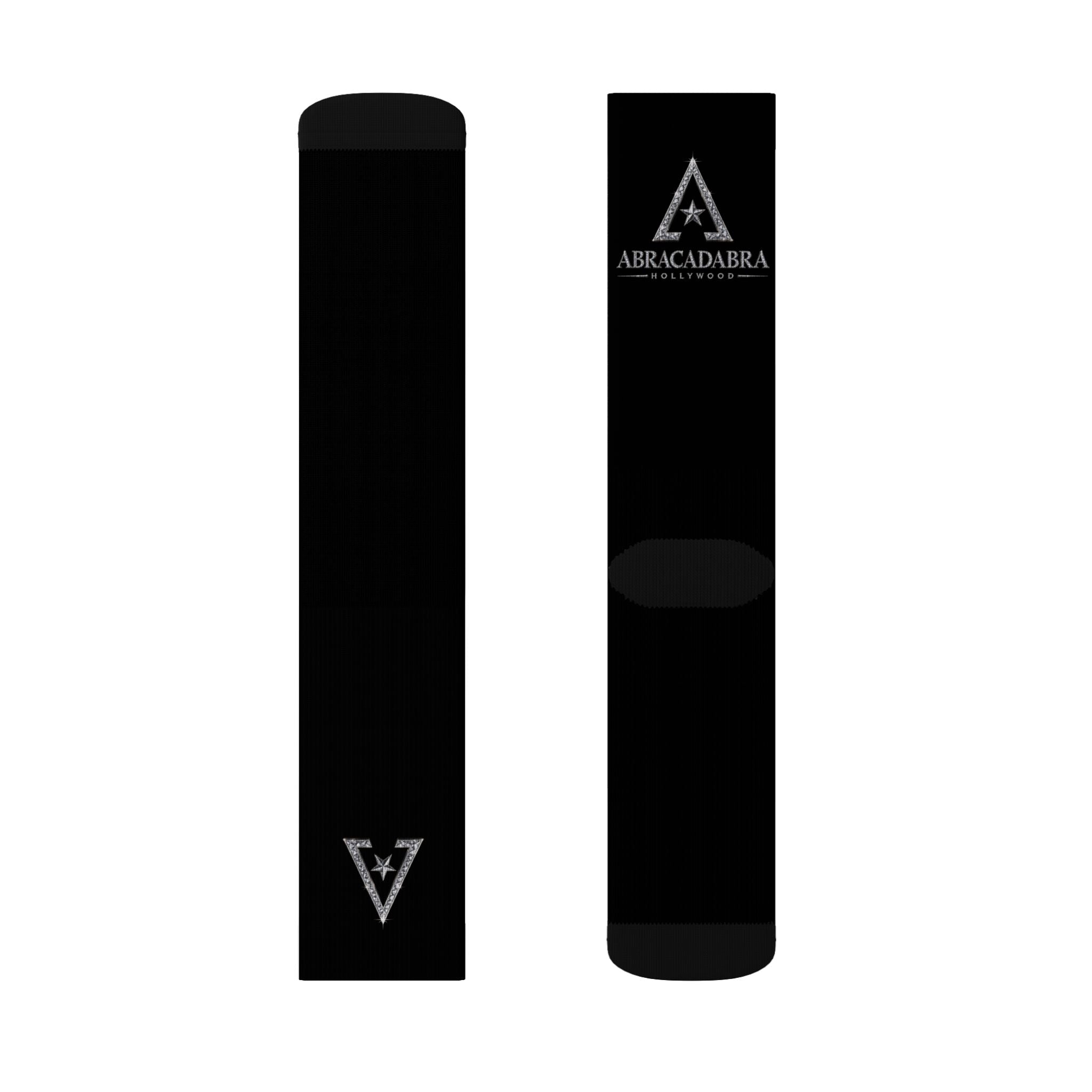 Black Sublimation Crew Socks with Abracadabra Logo — Magic-Themed Novelty Socks