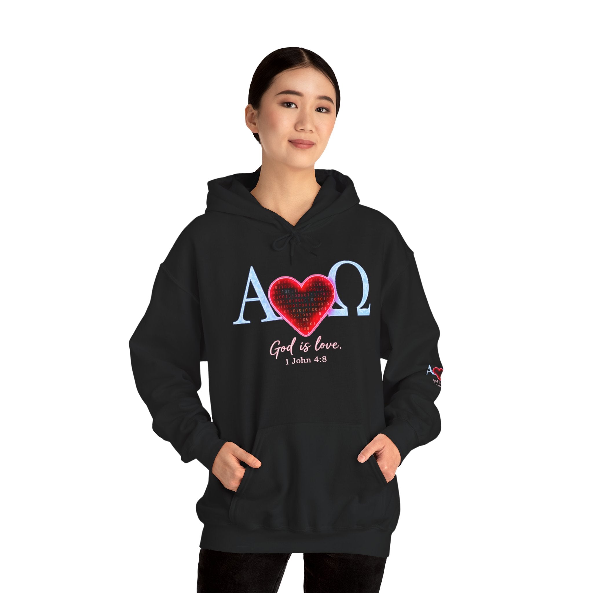 Romaneum Alpha Omega Heart Hoodie | God is Love 1 John 4:8 Christian Hoodie