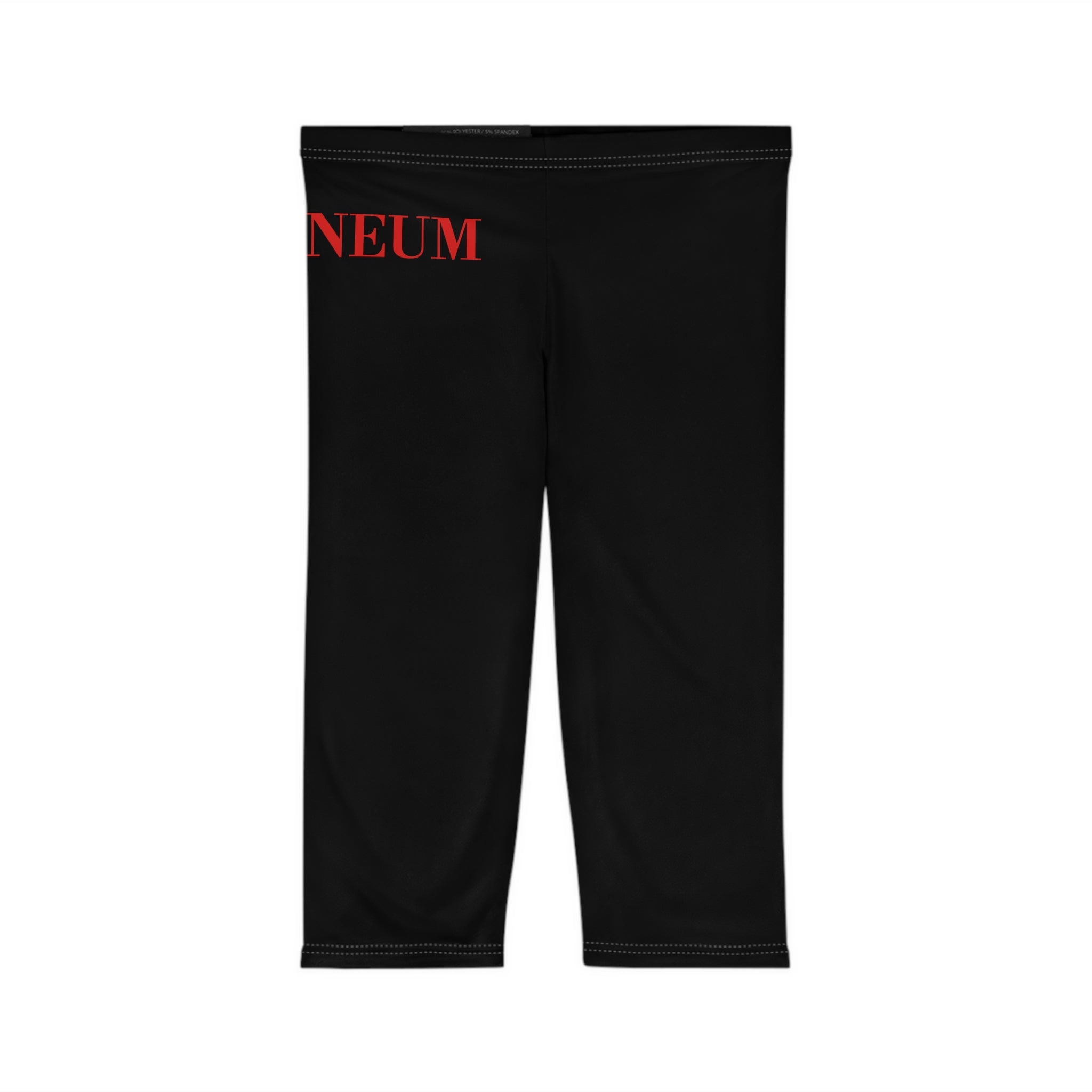 Romaneum Forum Capri Leggings — Black Capri Leggings with ROMANEUM Red Vertical Text