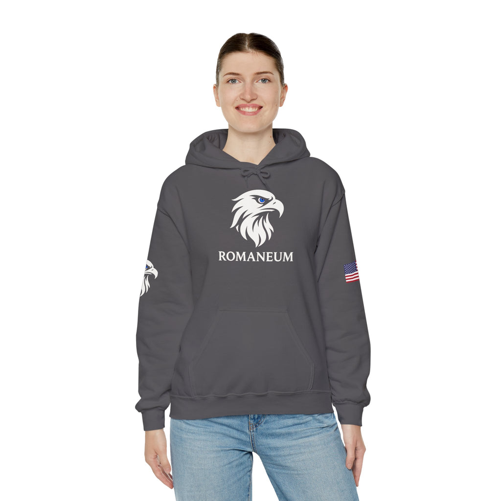 Romaneum Eagle Logo Hoodie | Romaneum School Crest, Patriotic Sleeve Design
