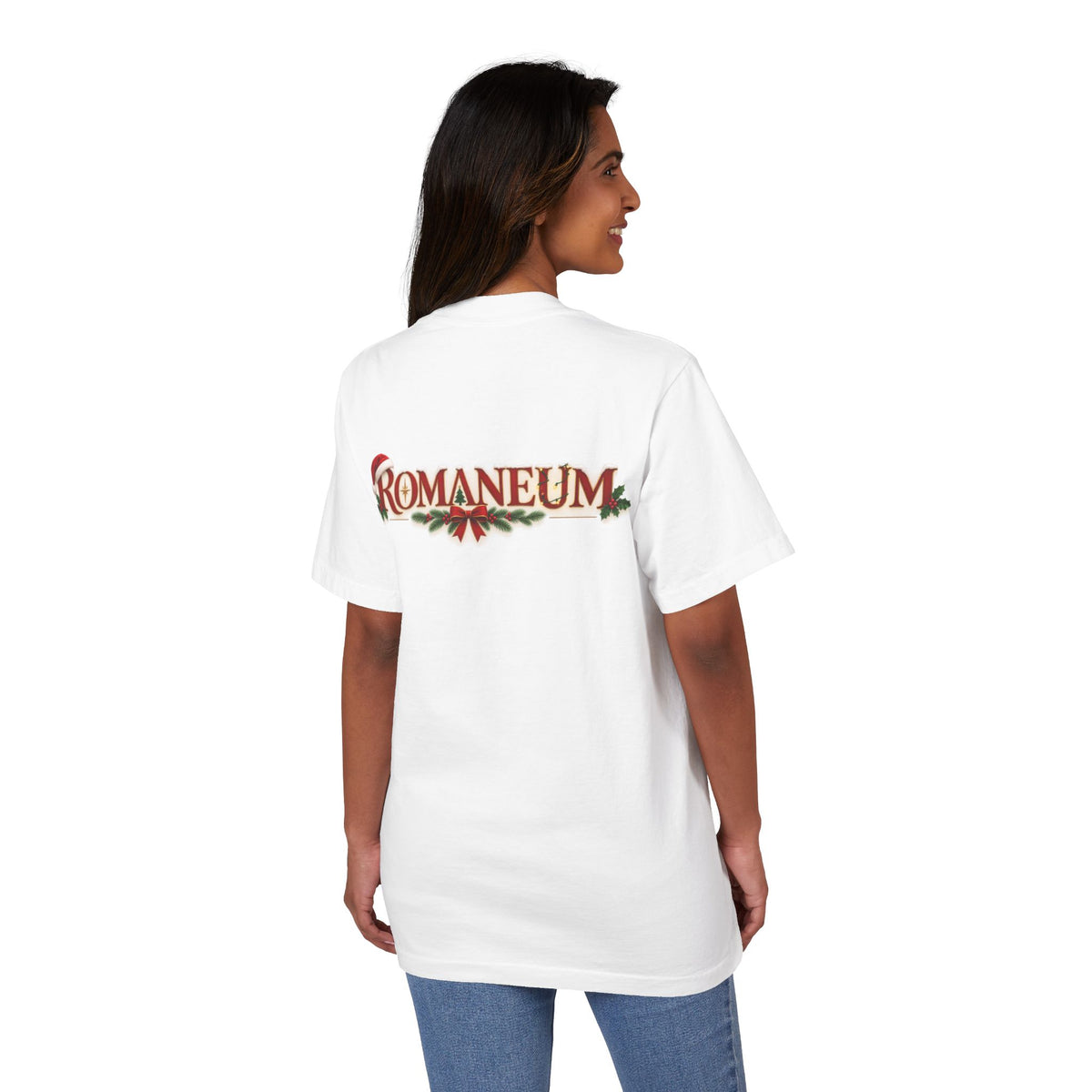 Romaneum Holiday T-Shirt — Festive Pine & Santa Hat Logo