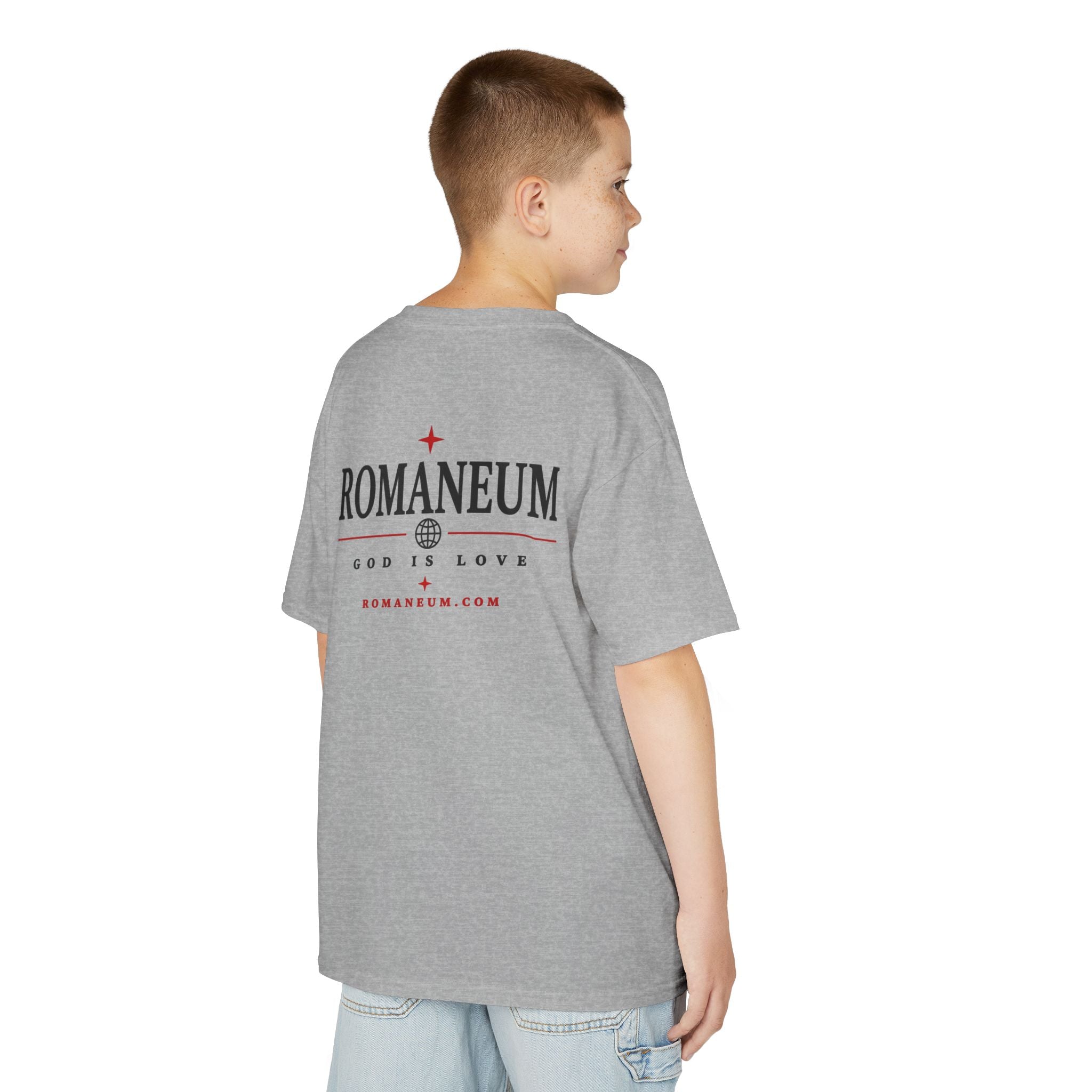 Kids Tee — "Amor Roma / God is Love" Religious Graphic Shirt