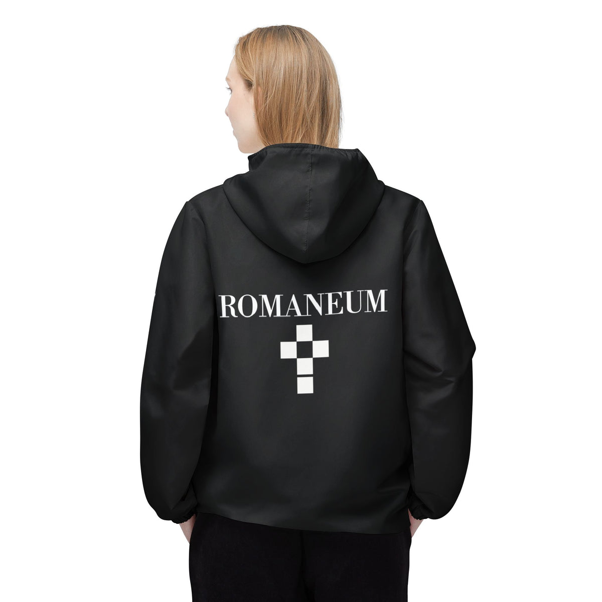 Romanæum Black Windbreaker Jacket — Minimal Logo Hooded Shell