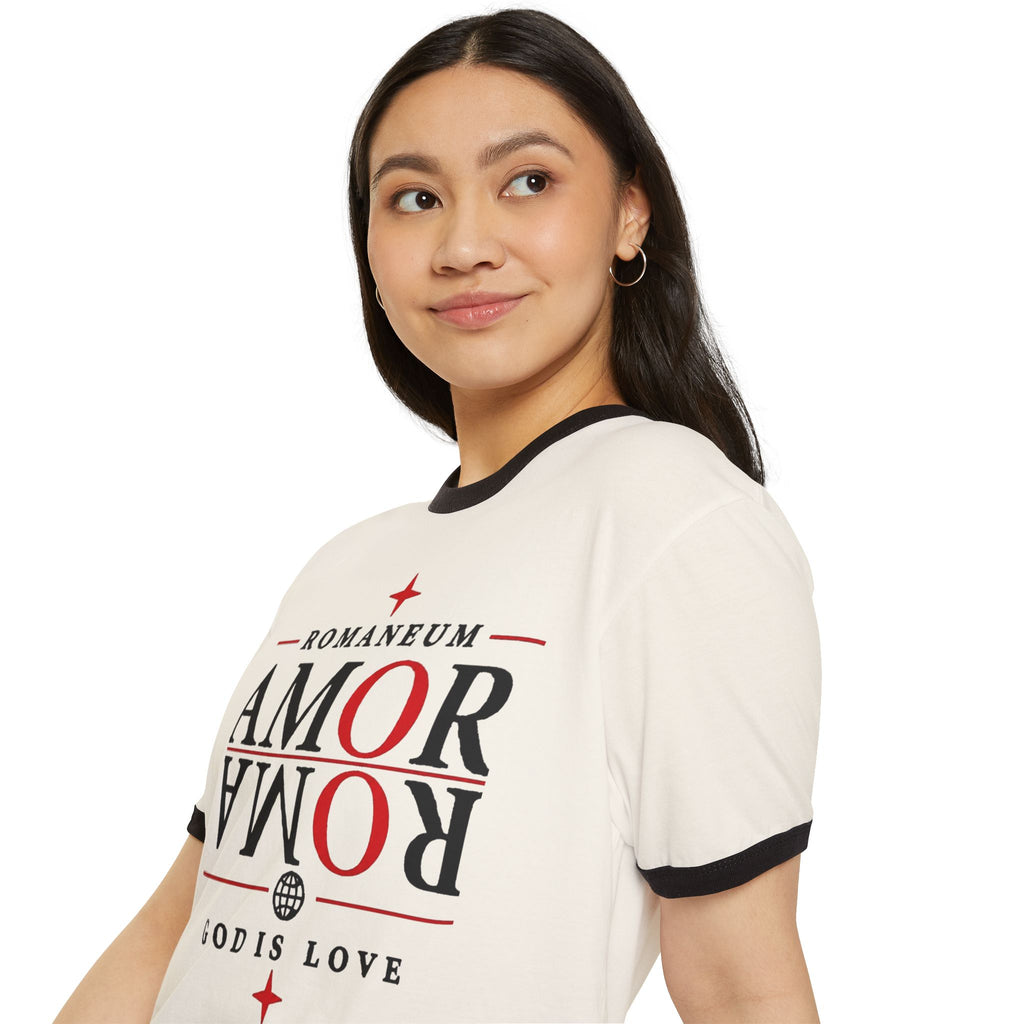 Romaneum "AMOR/ROMA" Ringer Tee — God Is Love Christian T‑Shirt
