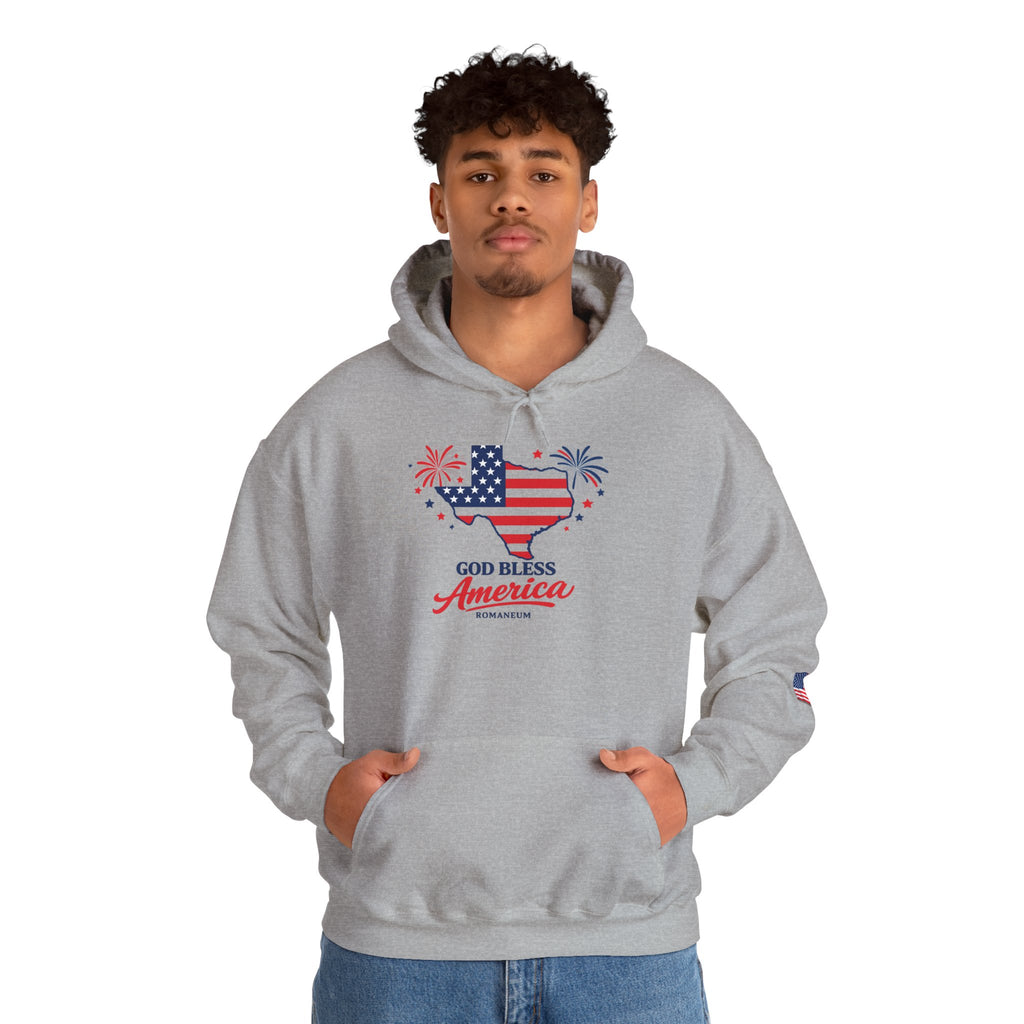 Romaneum God Bless America flag map Hoodie | American flag fireworks sleeve