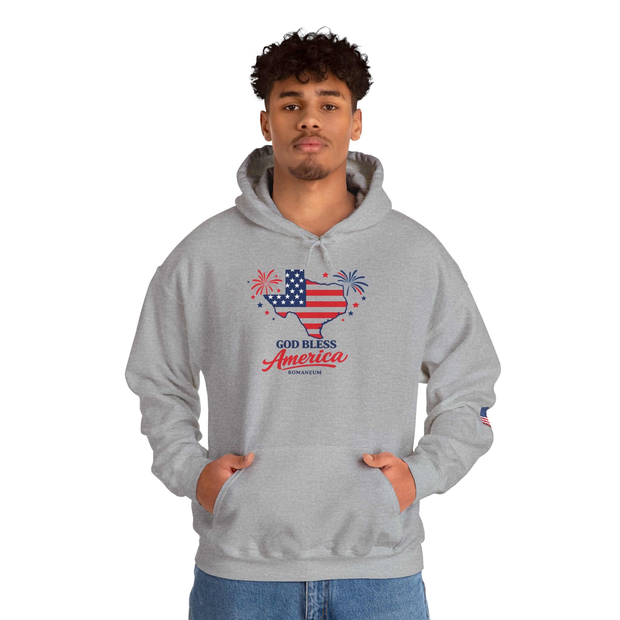 Romaneum God Bless America flag map Hoodie | American flag fireworks sleeve