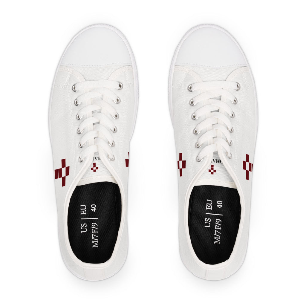 White Low Top Sneakers with Burgundy Pixel Cross — Women's Casual Canvas Shoes