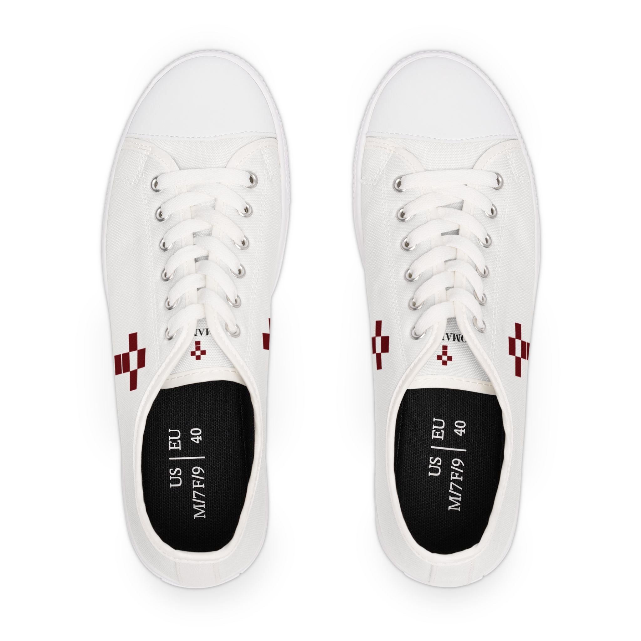 White Low Top Sneakers with Burgundy Pixel Cross — Women's Casual Canvas Shoes