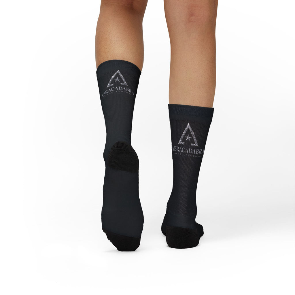 Black Sublimation Crew Socks with Abracadabra Logo — Magic-Themed Novelty Socks