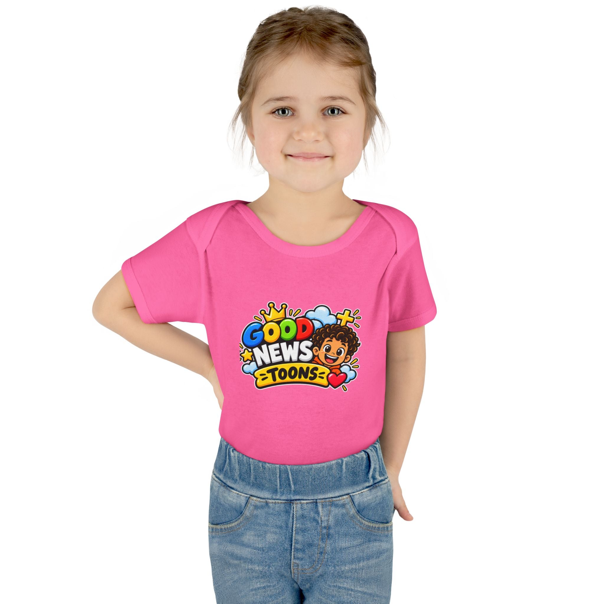 Infant Bodysuit — "Good News Toons" Colorful Cartoon Baby Onesie (Faithful Fun Truth)