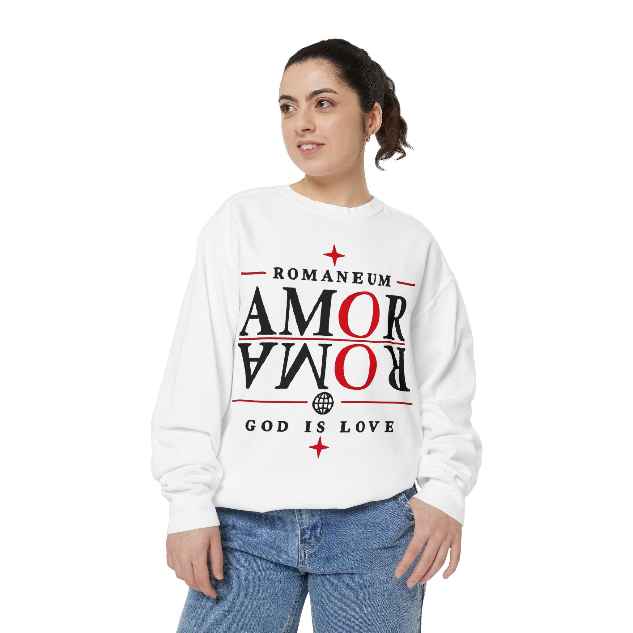 Romaneum Amor Crewneck Sweatshirt — "Amor Roma" Christian Graphic Sweatshirt