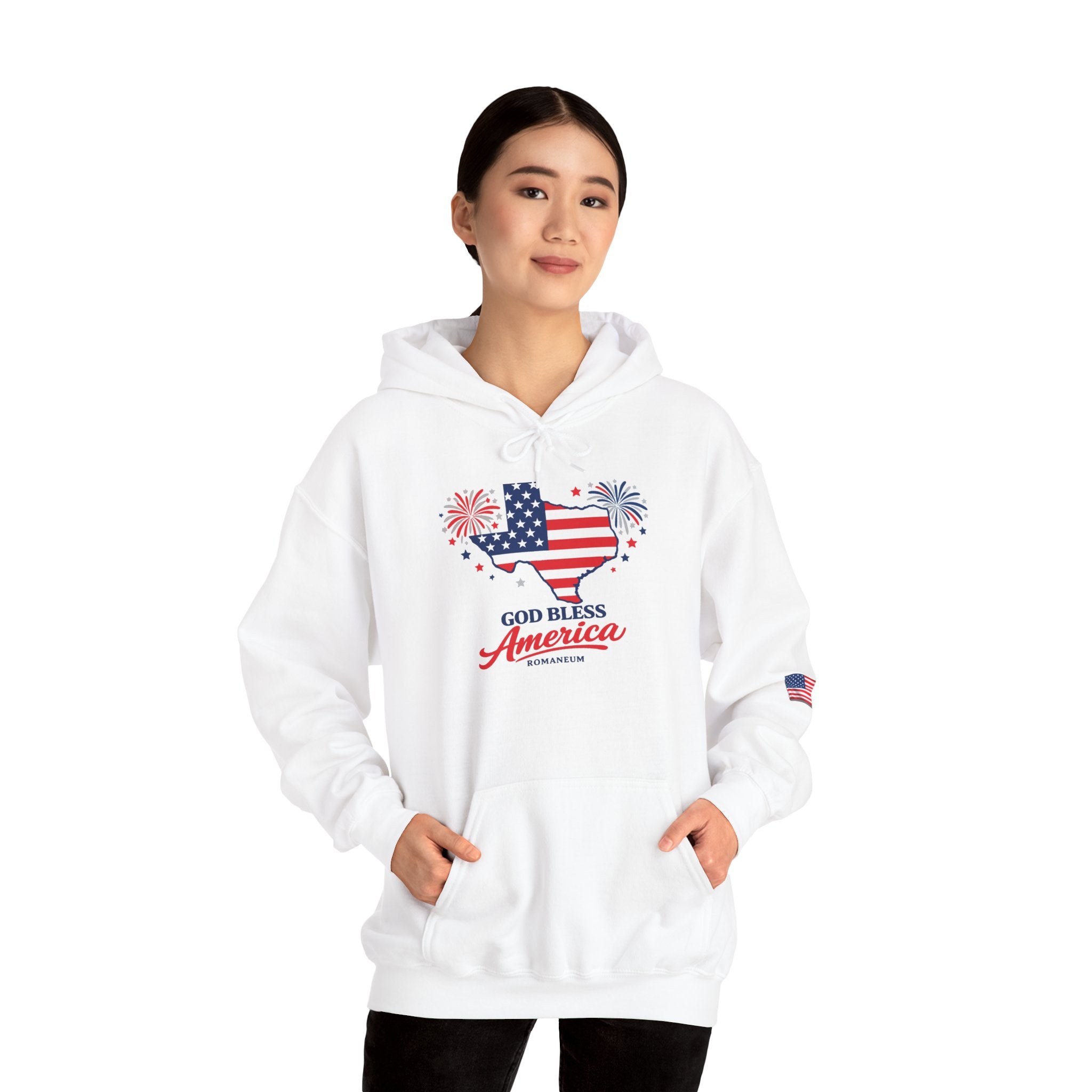 Romaneum God Bless America flag map Hoodie | American flag fireworks sleeve