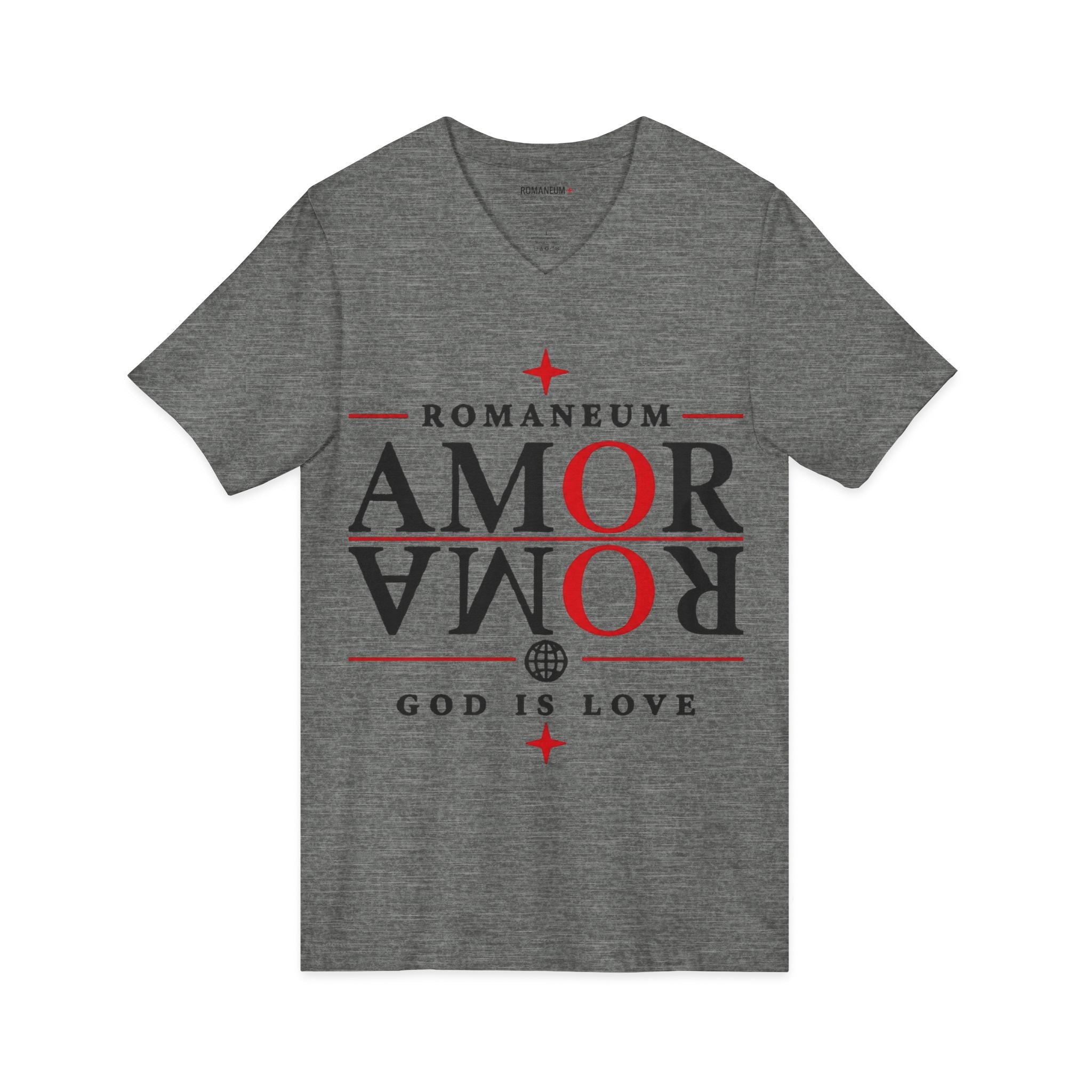 Romaneum "Amor/Roma" V-Neck Tee — God Is Love Christian Graphic Shirt