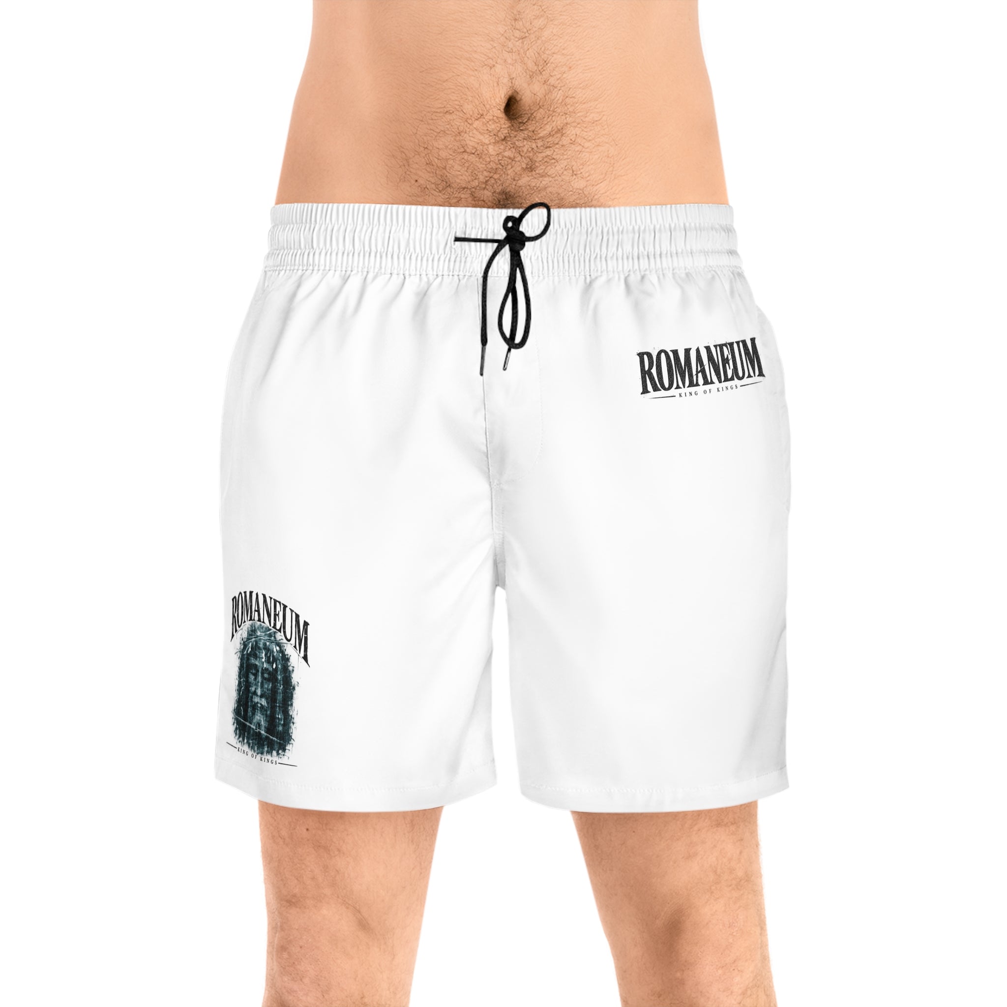 Romaneum Logo Men's Swim Shorts — White Mid-Length Beach Trunks