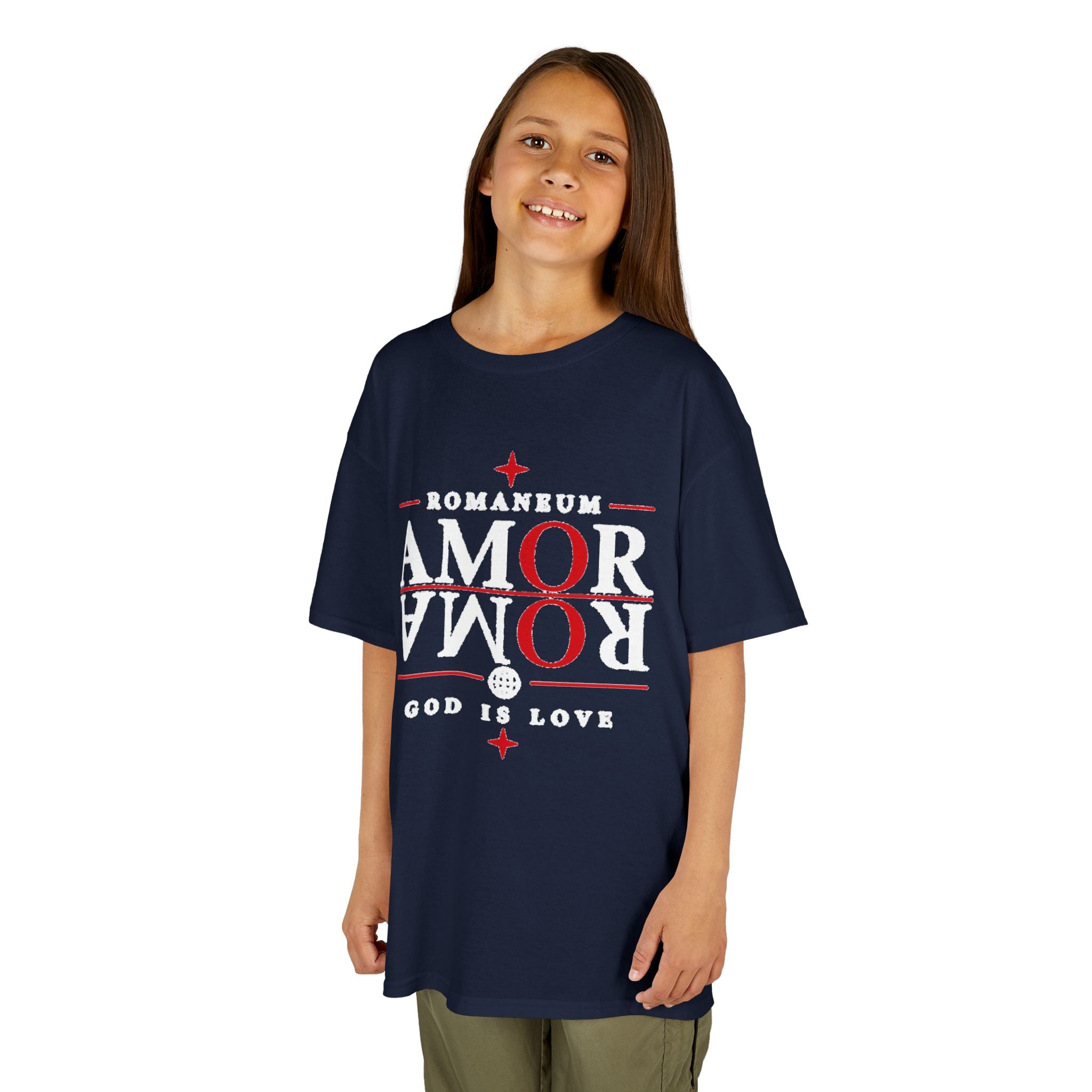 Kids Tee — "Amor Roma / God is Love" Religious Graphic Shirt