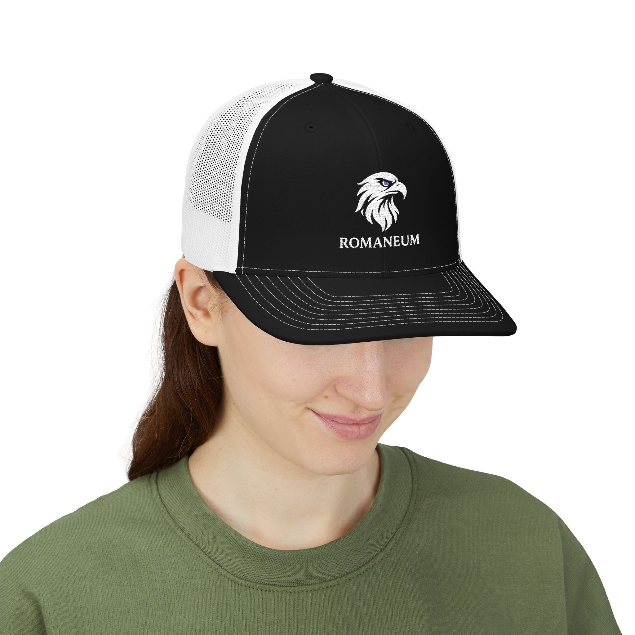 Eagle Head Romanem Trucker Cap | Embroidered Black White Mesh