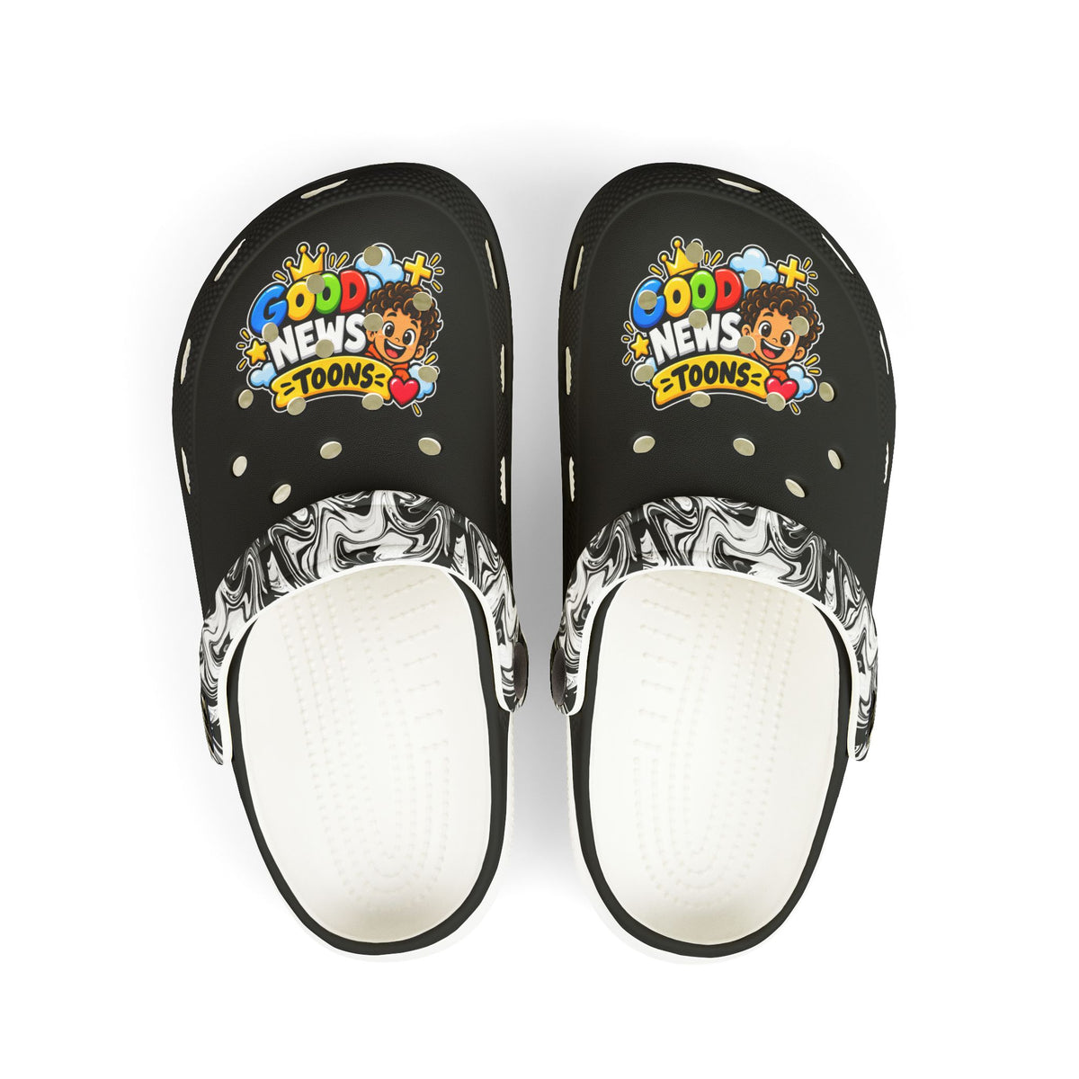 Kids 'Good News Toons' Black EVA Foam Clogs — Fun Cartoon Slip-Ons
