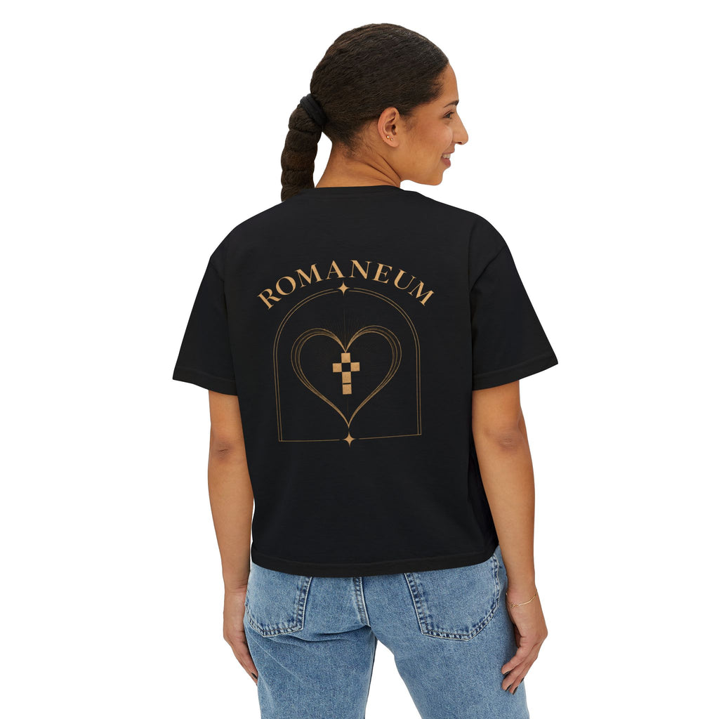 Romaneum Women's Boxy Tee — Gold Cross & Heart Spiritual Graphic