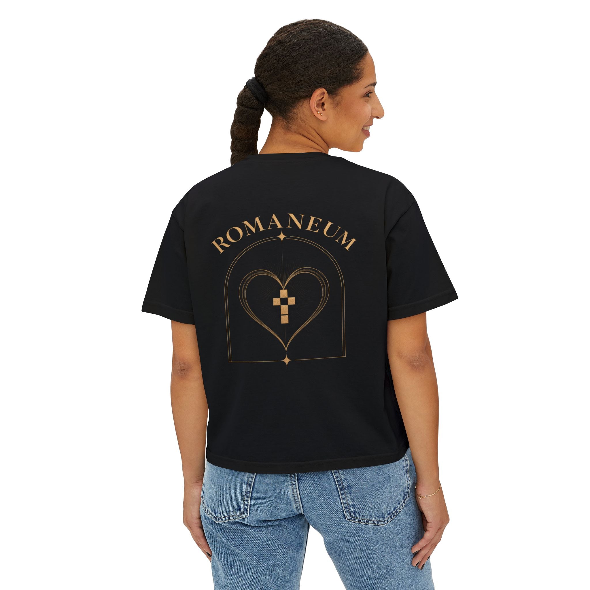 Romaneum Women's Boxy Tee — Gold Cross & Heart Spiritual Graphic
