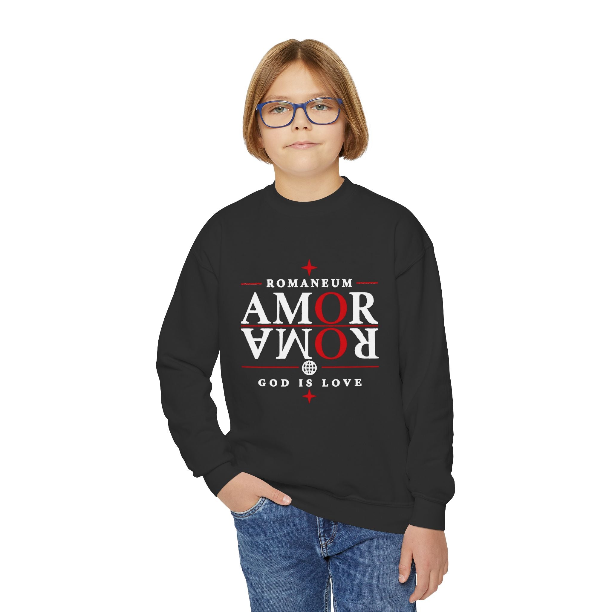 Romaneum Amor Crewneck Sweatshirt — “AMOR/ROMA” God Is Love Youth Pullover