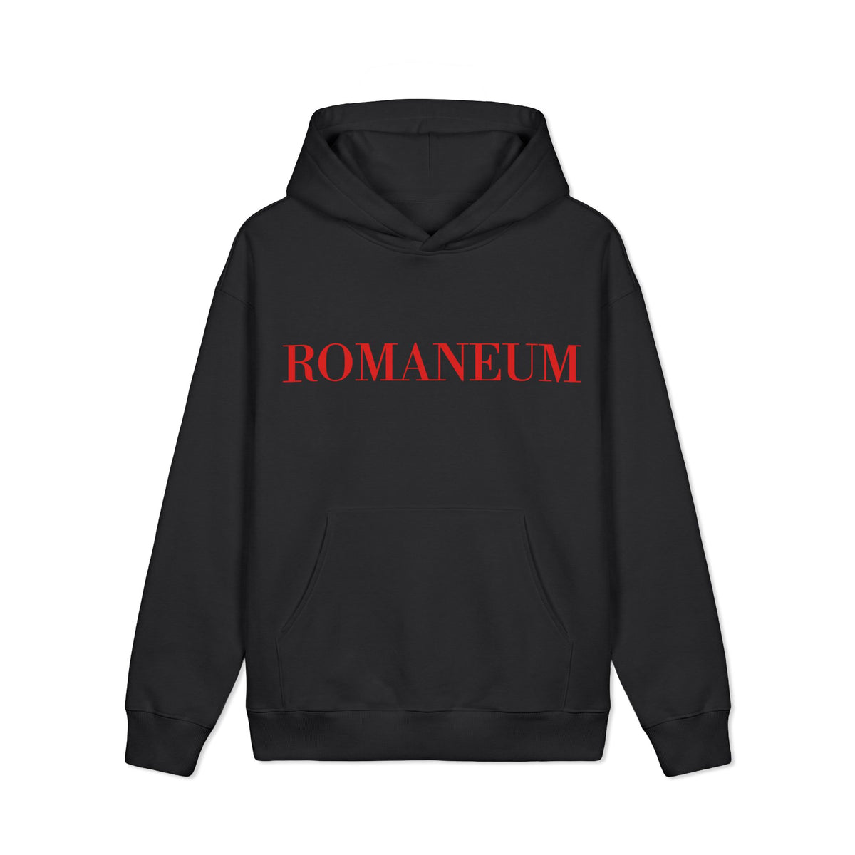 Romaneum Logo Hoodie — Minimalist Cream Pullover with Red Text