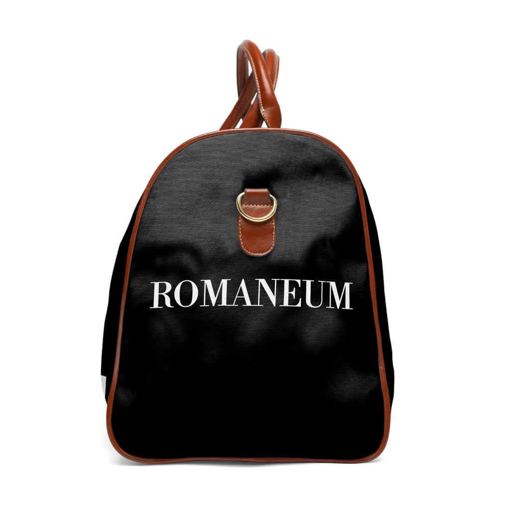 Waterproof Travel Bag – Black Duffle with 'ROMANEUM' & Geometric Cross Design