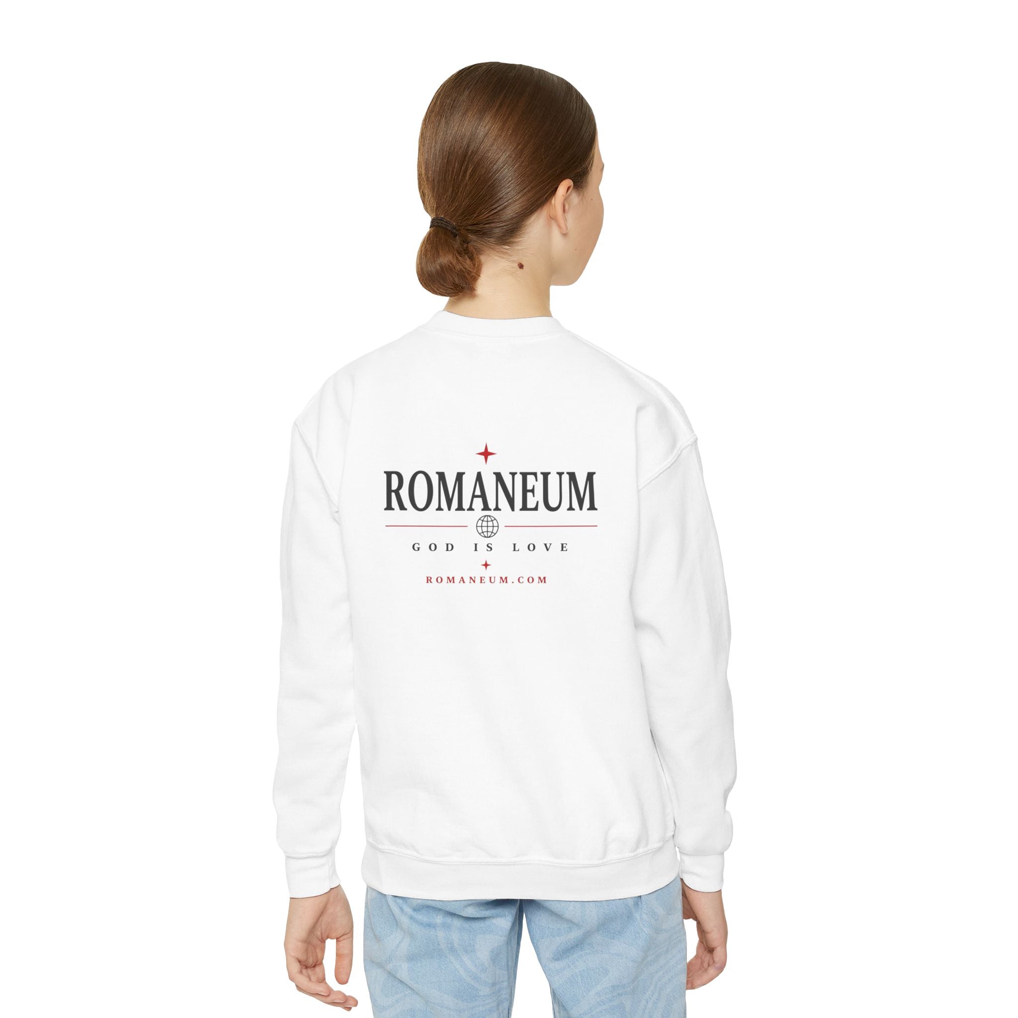 Romaneum Amor Crewneck Sweatshirt — “AMOR/ROMA” God Is Love Youth Pullover