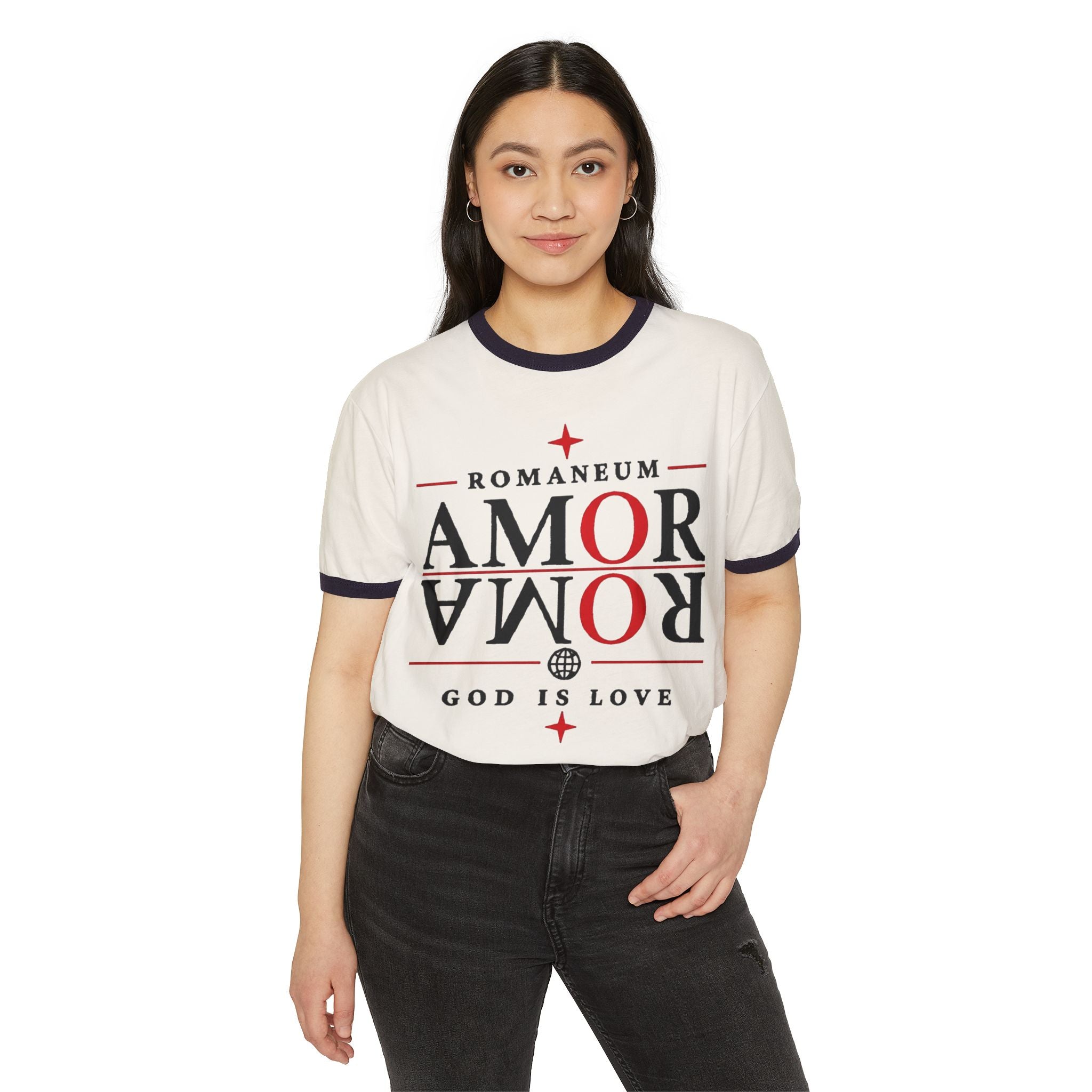 Romaneum "AMOR/ROMA" Ringer Tee — God Is Love Christian T‑Shirt