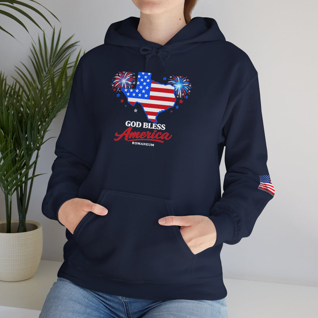 Romaneum God Bless America flag map Hoodie | American flag fireworks sleeve