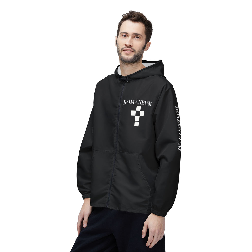Romanæum Black Windbreaker Jacket — Minimal Logo Hooded Shell