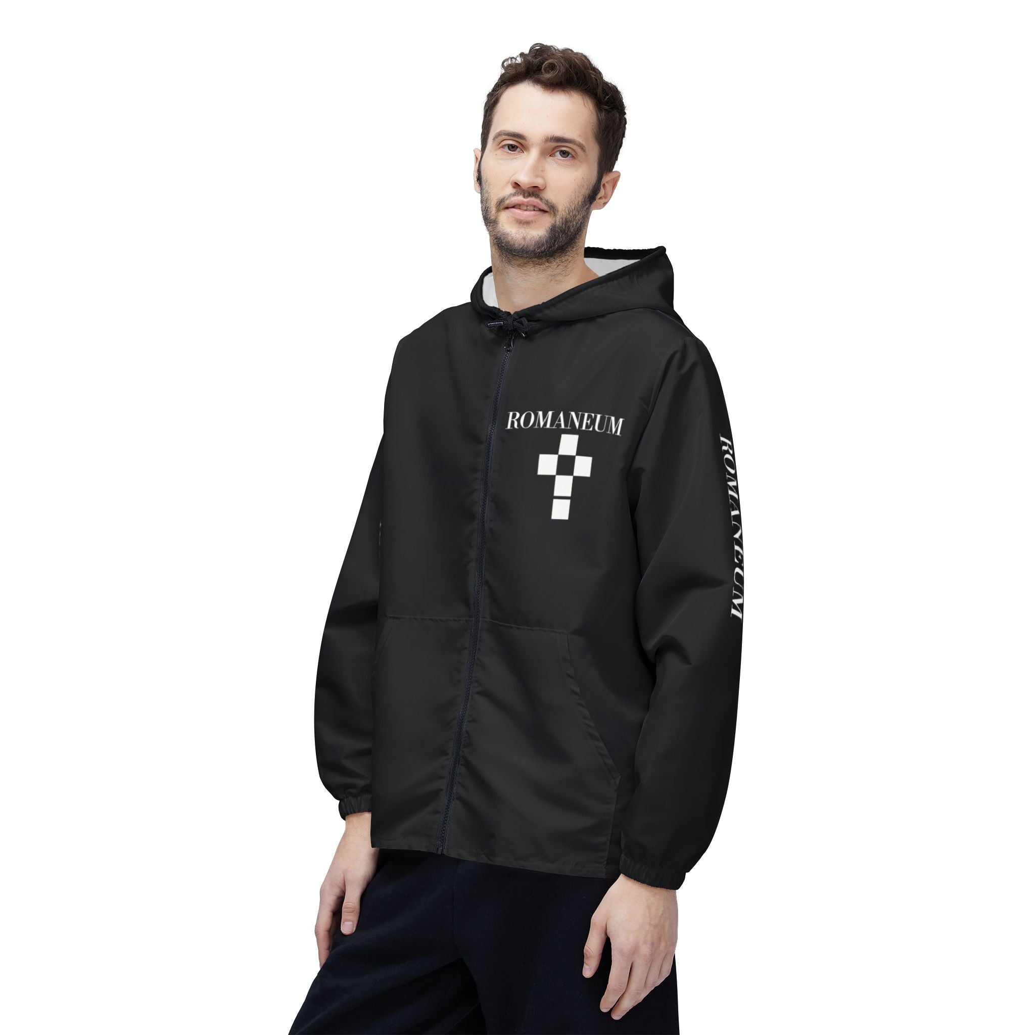 Romanæum Black Windbreaker Jacket — Minimal Logo Hooded Shell