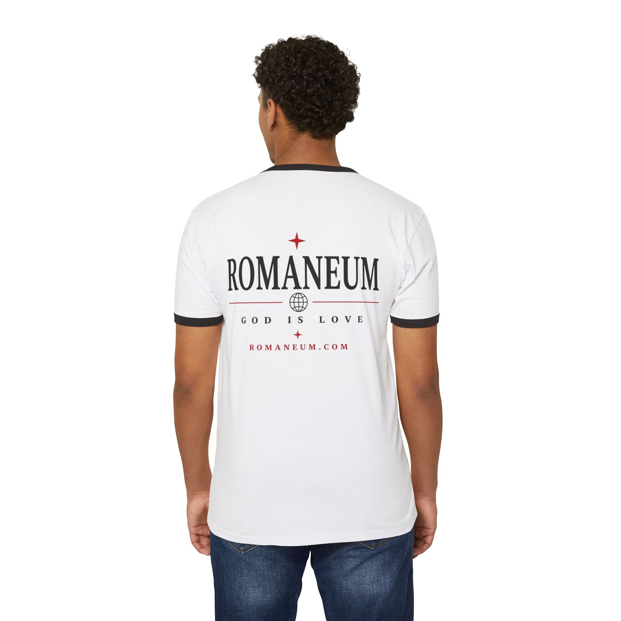 Romaneum "AMOR/ROMA" Ringer Tee — God Is Love Christian T‑Shirt