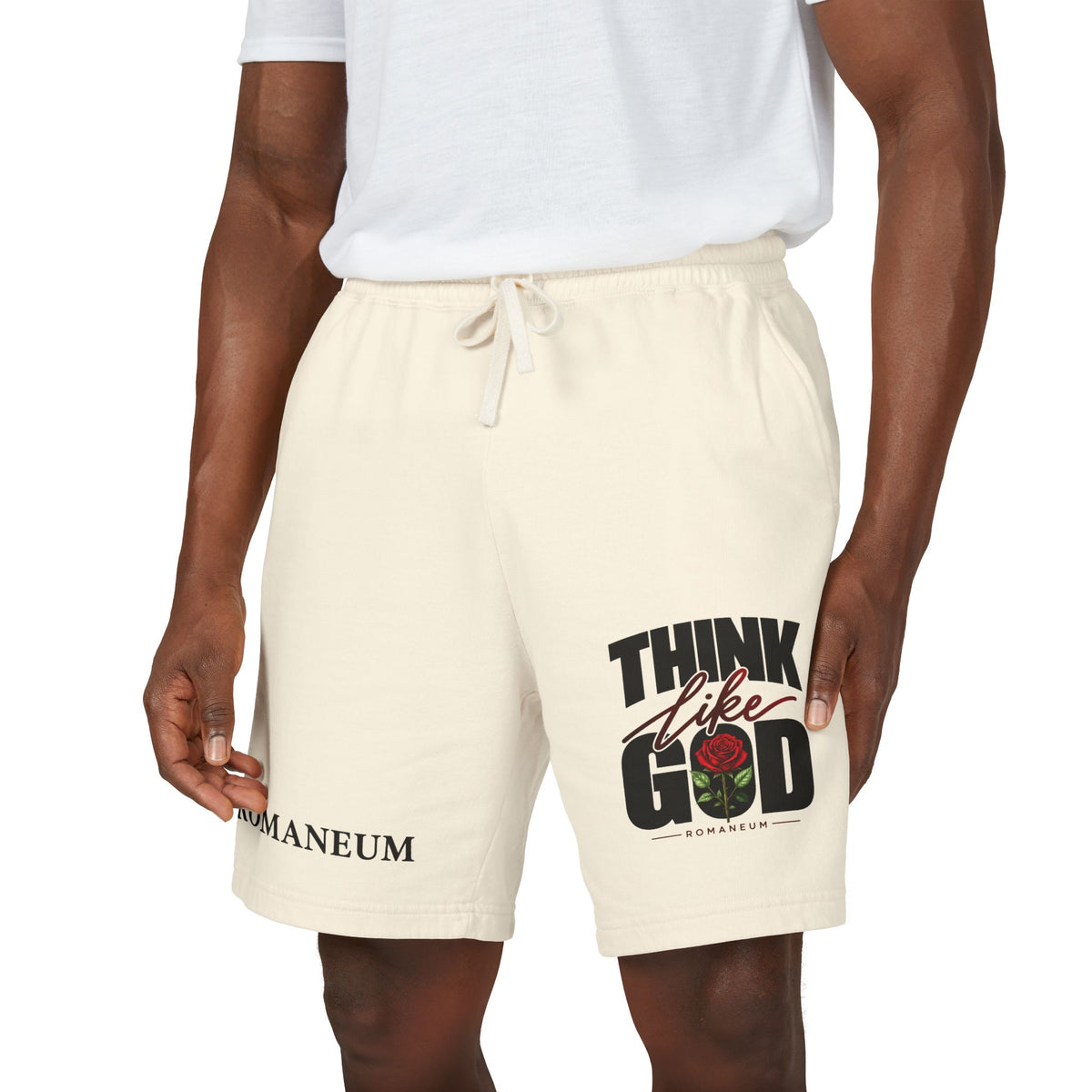 Think Like God Sweat Shorts — Graphic Fleece Lounge Shorts (Romaneum)