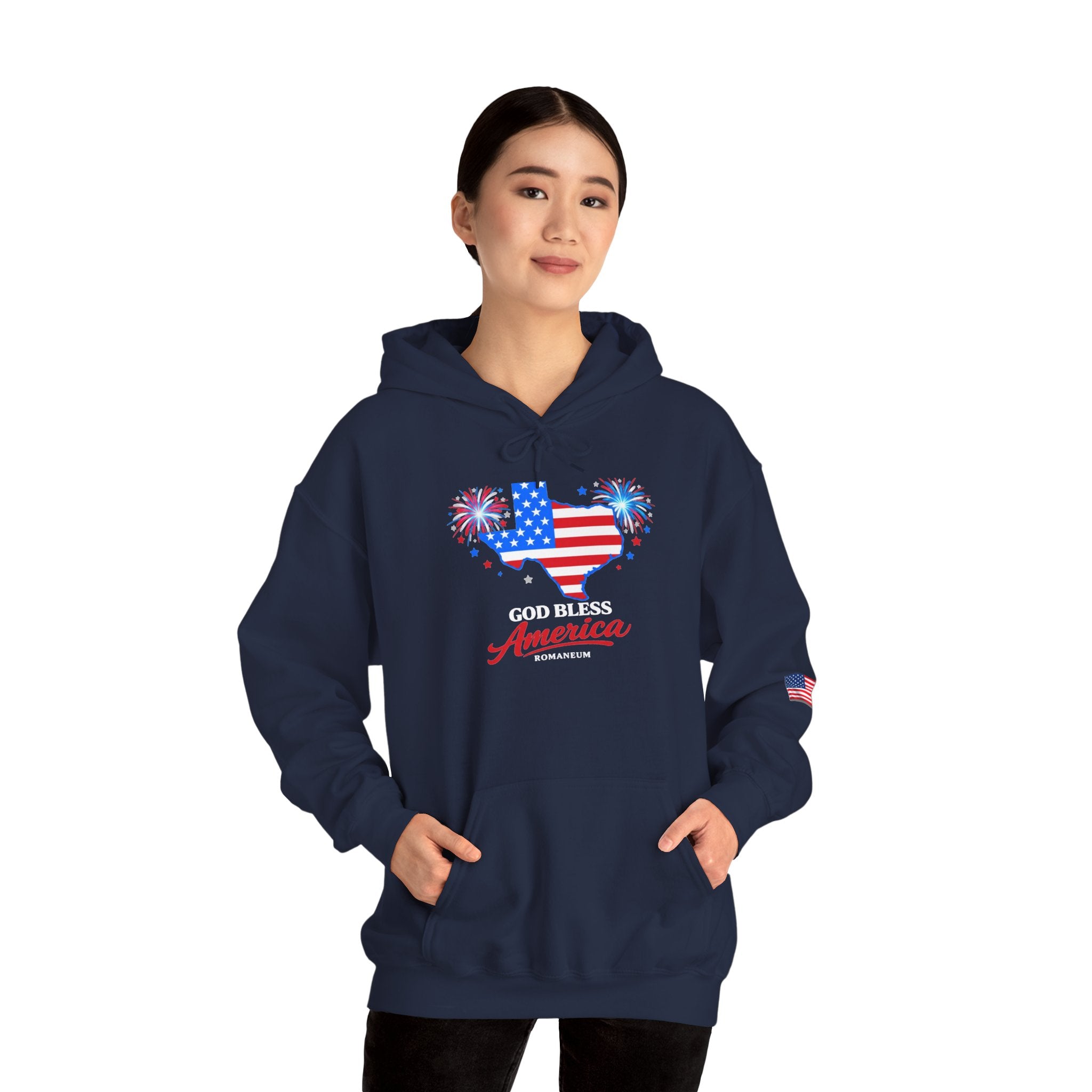 Romaneum God Bless America flag map Hoodie | American flag fireworks sleeve